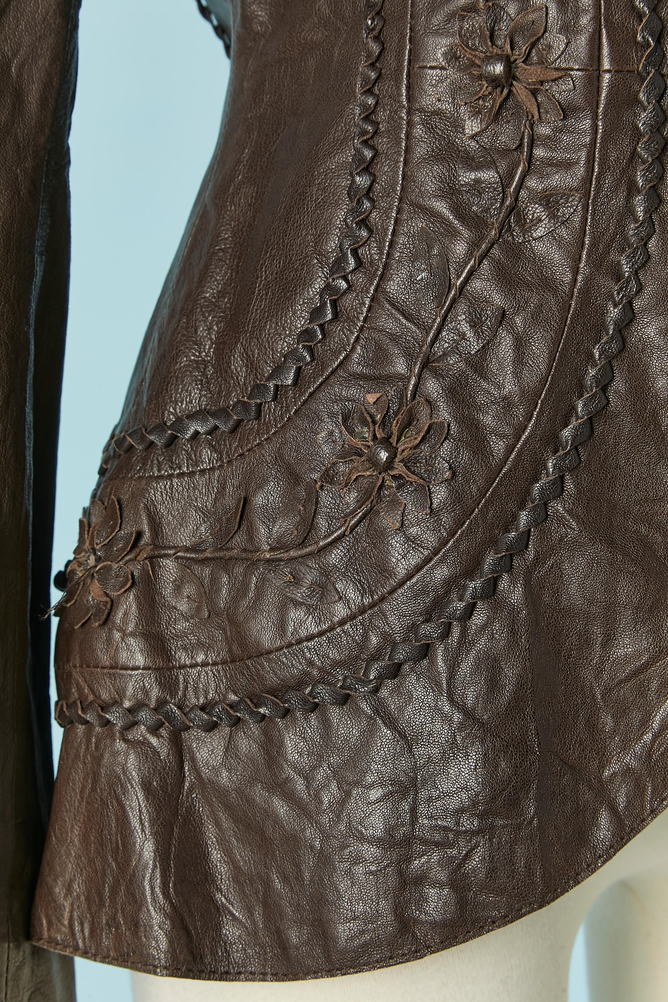 Women's Brown leather jacket with leather flower appliqué ROBERTO CAVALLI CLASS For Sale