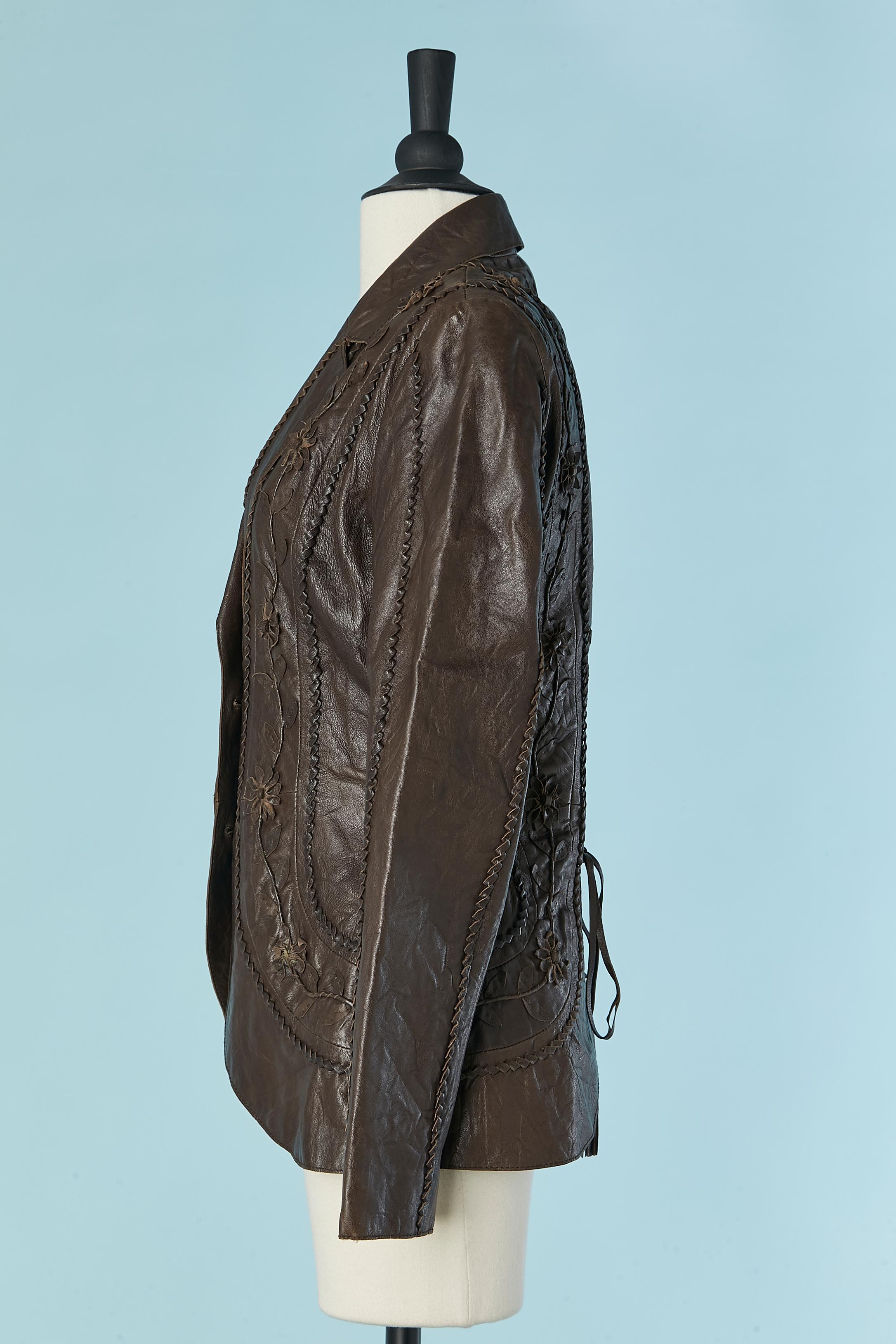 Brown leather jacket with leather flower appliqué ROBERTO CAVALLI CLASS For Sale 1