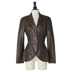 Brown leather jacket with leather flower appliqué ROBERTO CAVALLI CLASS