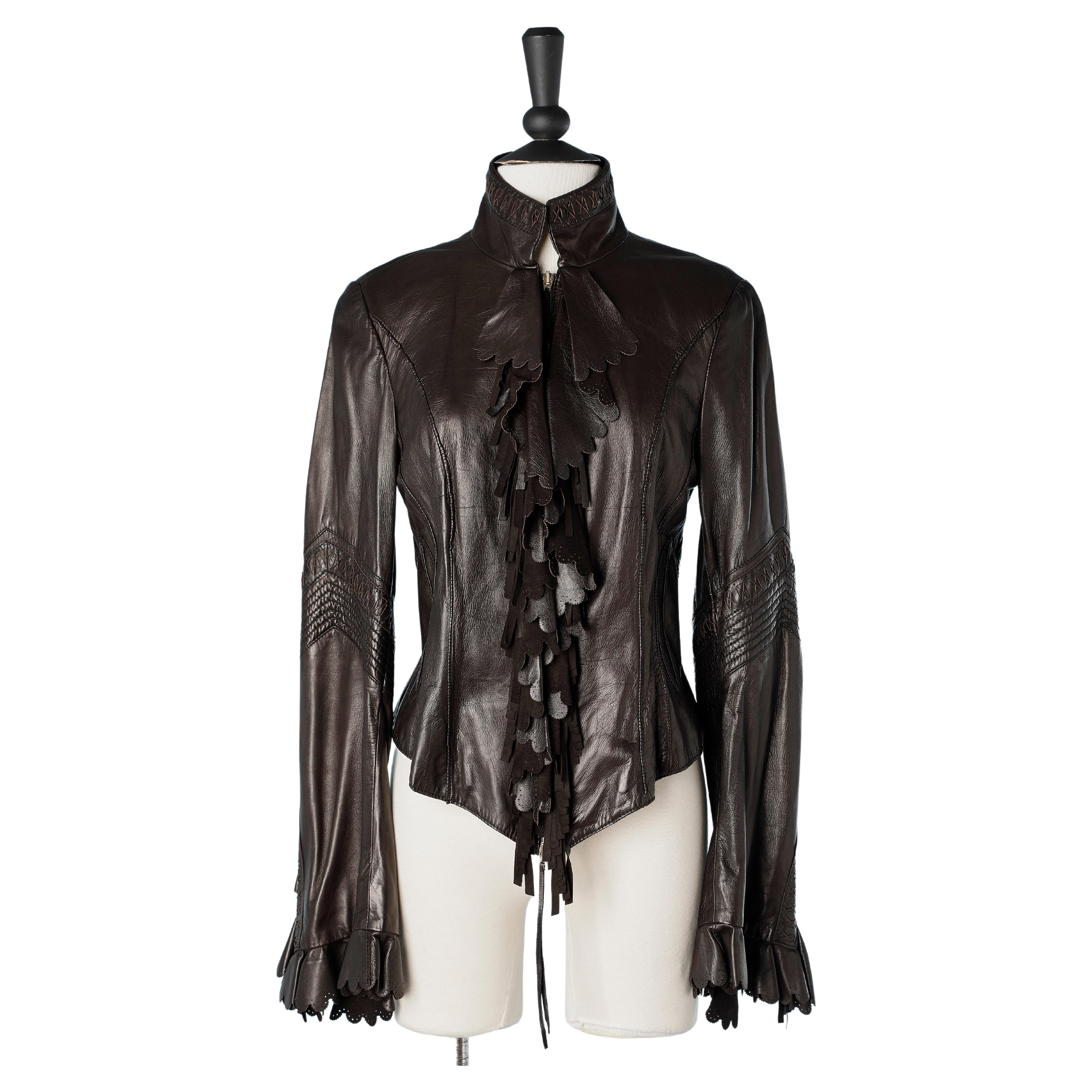 Brown leather jacket with ruffles and fringes jabot Roberto Cavalli For  Sale at 1stDibs