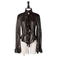 Brown leather jacket with ruffles and fringes jabot Roberto Cavalli 