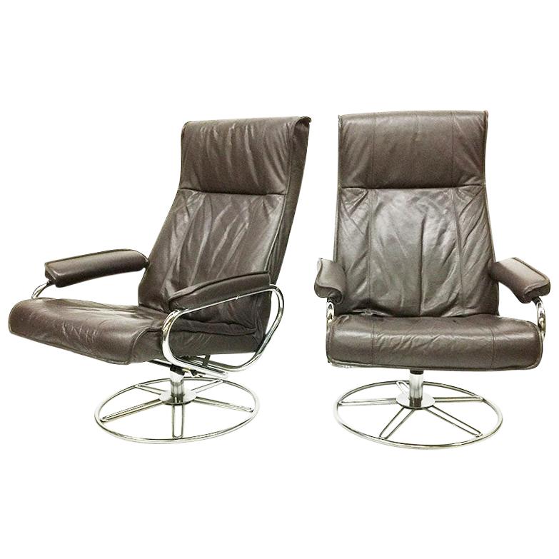 Brown Leather Kebe Swivel Chairs For Sale