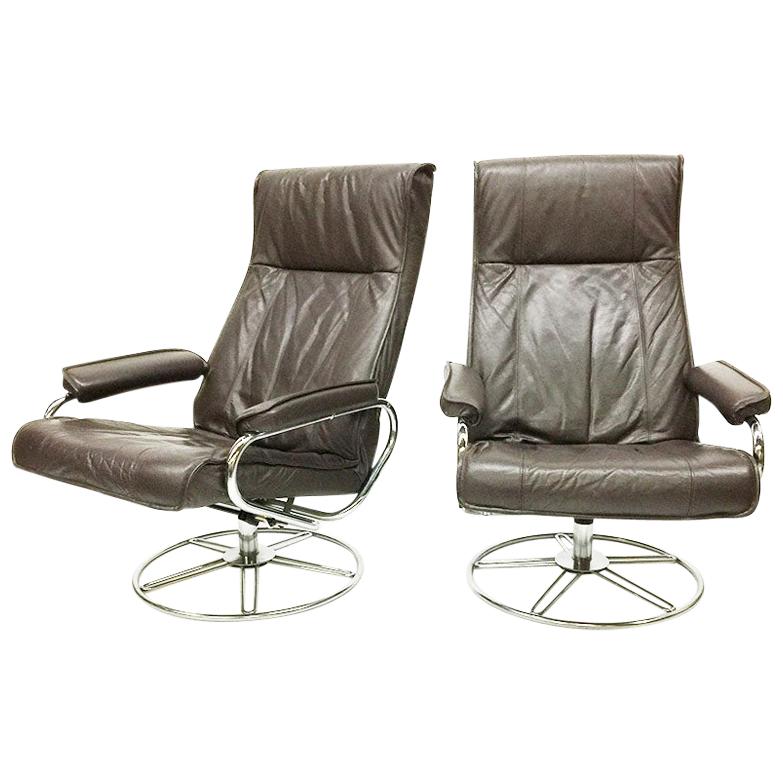 Brown Leather Swivel Chairs by Kebe, 1970s