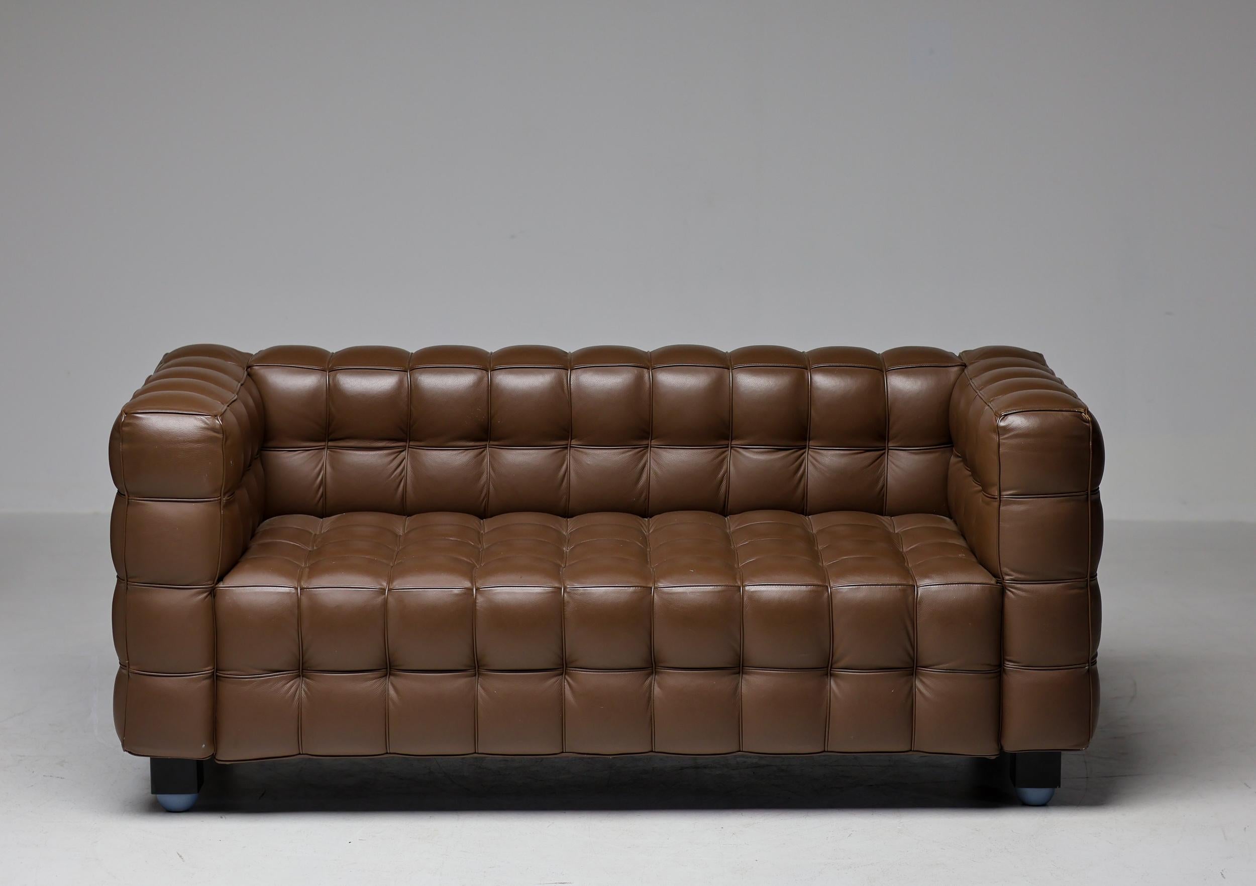 Brown Leather Kubus Sofa and Matching  Armchair by Josef Hoffman For Sale 3
