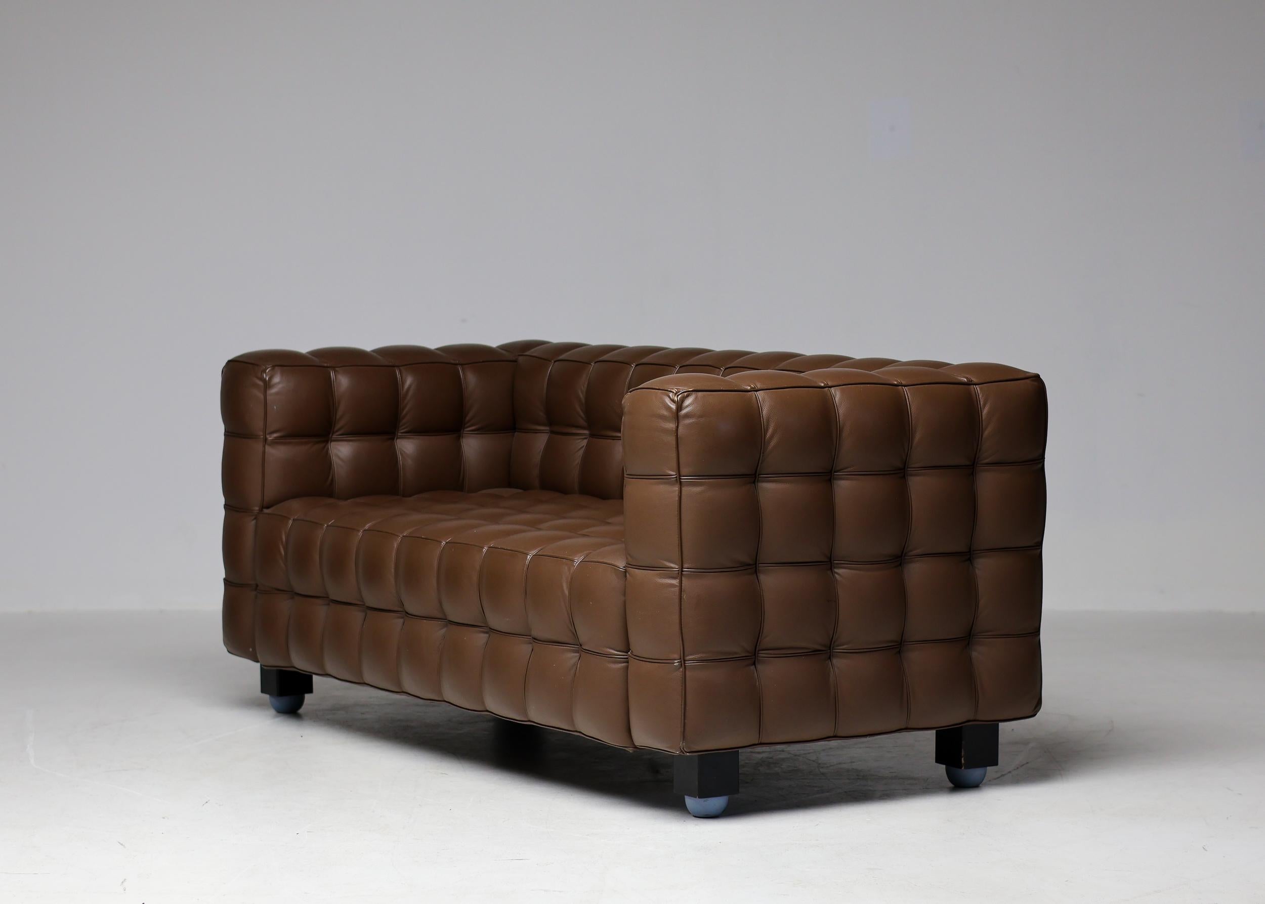 Brown Leather Kubus Sofa and Matching  Armchair by Josef Hoffman For Sale 4