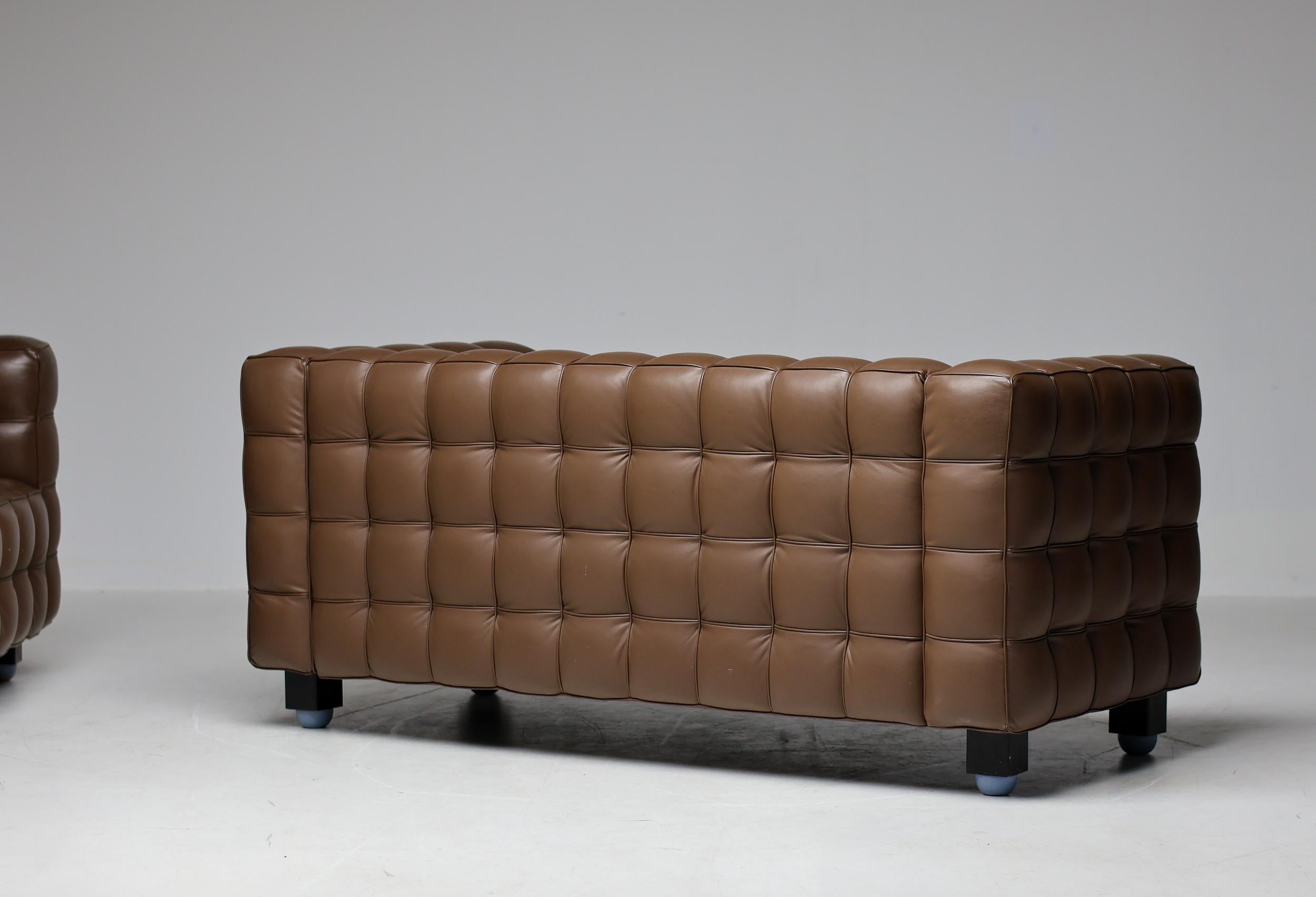 Brown Leather Kubus Sofa and Matching  Armchair by Josef Hoffman For Sale 7