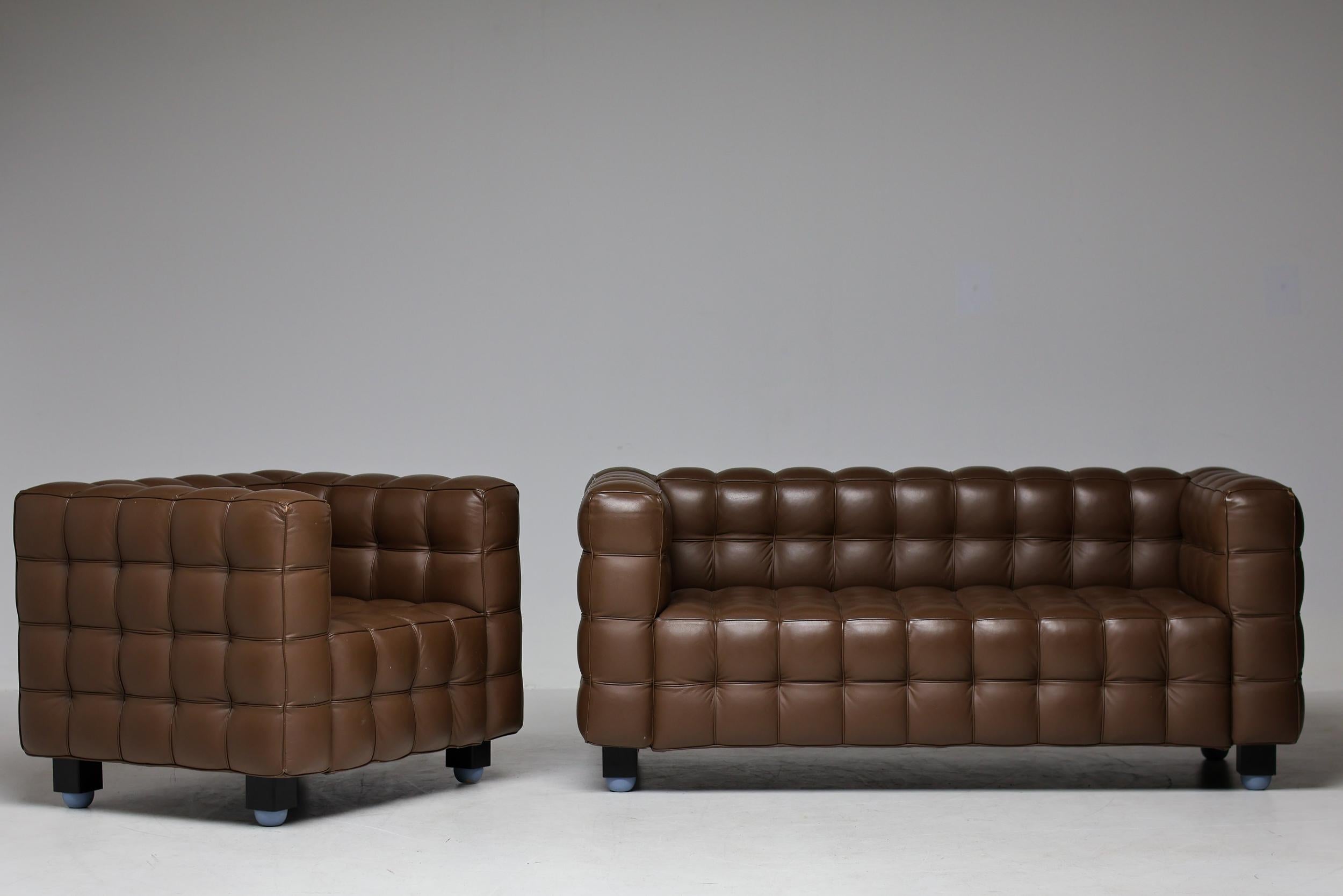 Brown Leather Kubus Sofa and Matching  Armchair by Josef Hoffman For Sale 10