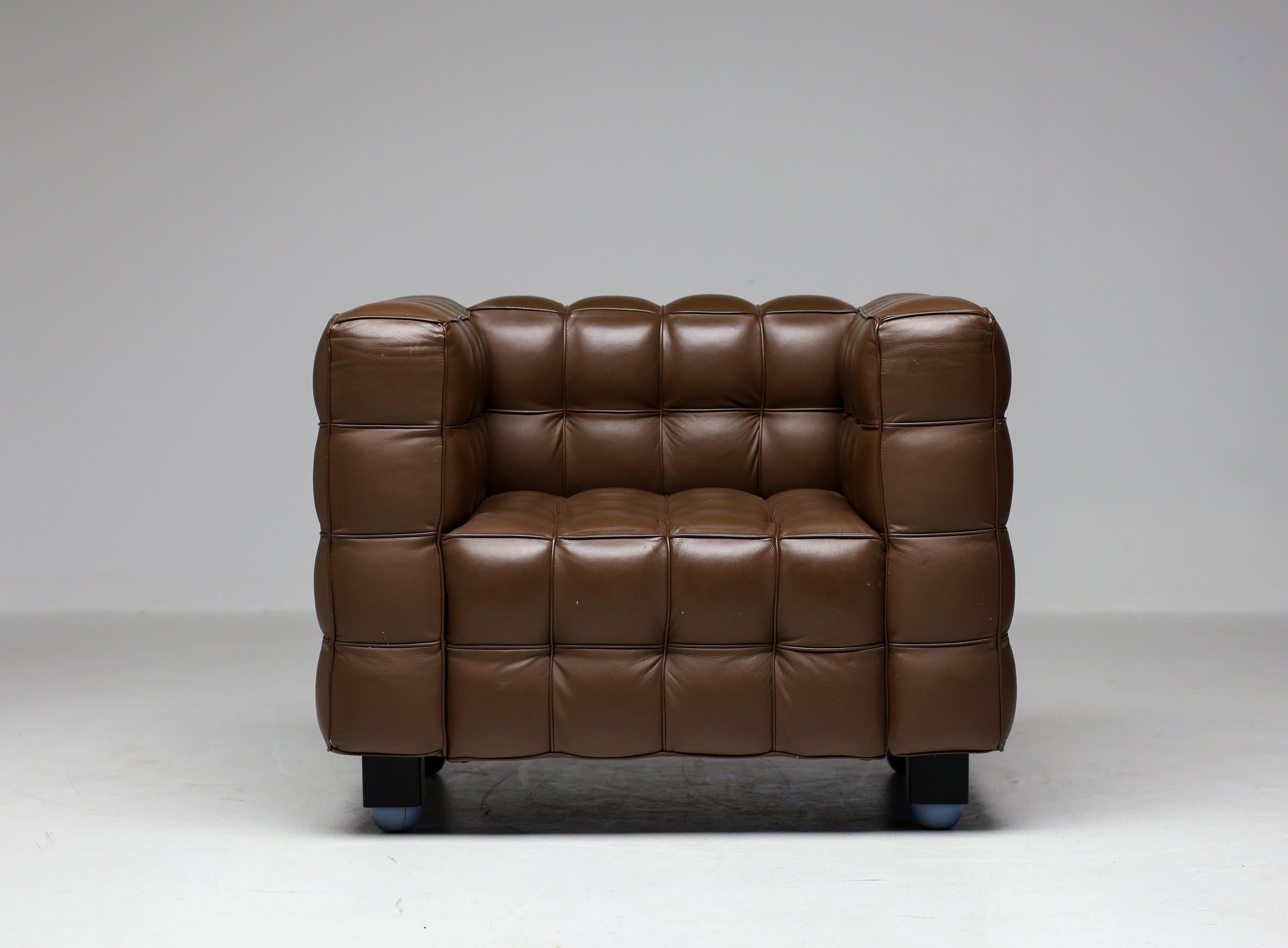 Beautiful vintage chocolate brown leather Kubus sofa 8020 and matching armchair designed by Josef Hoffman and made by Alivar. This set is was lovingly cared for and is in wonderful all original condition.
Alivar Museum catalog with an identical set