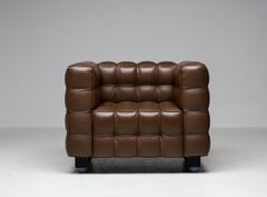 Brown Leather Kubus Sofa and Matching  Armchair by Josef Hoffman