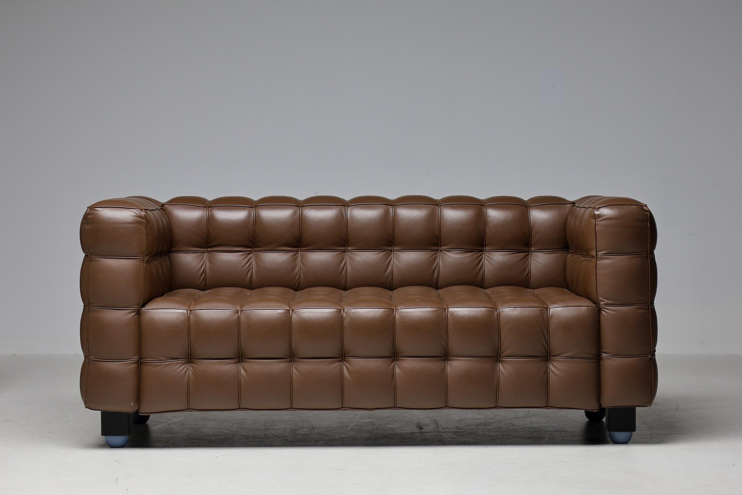 Mid-Century Modern Brown Leather Kubus Sofa and Matching  Armchair by Josef Hoffman For Sale