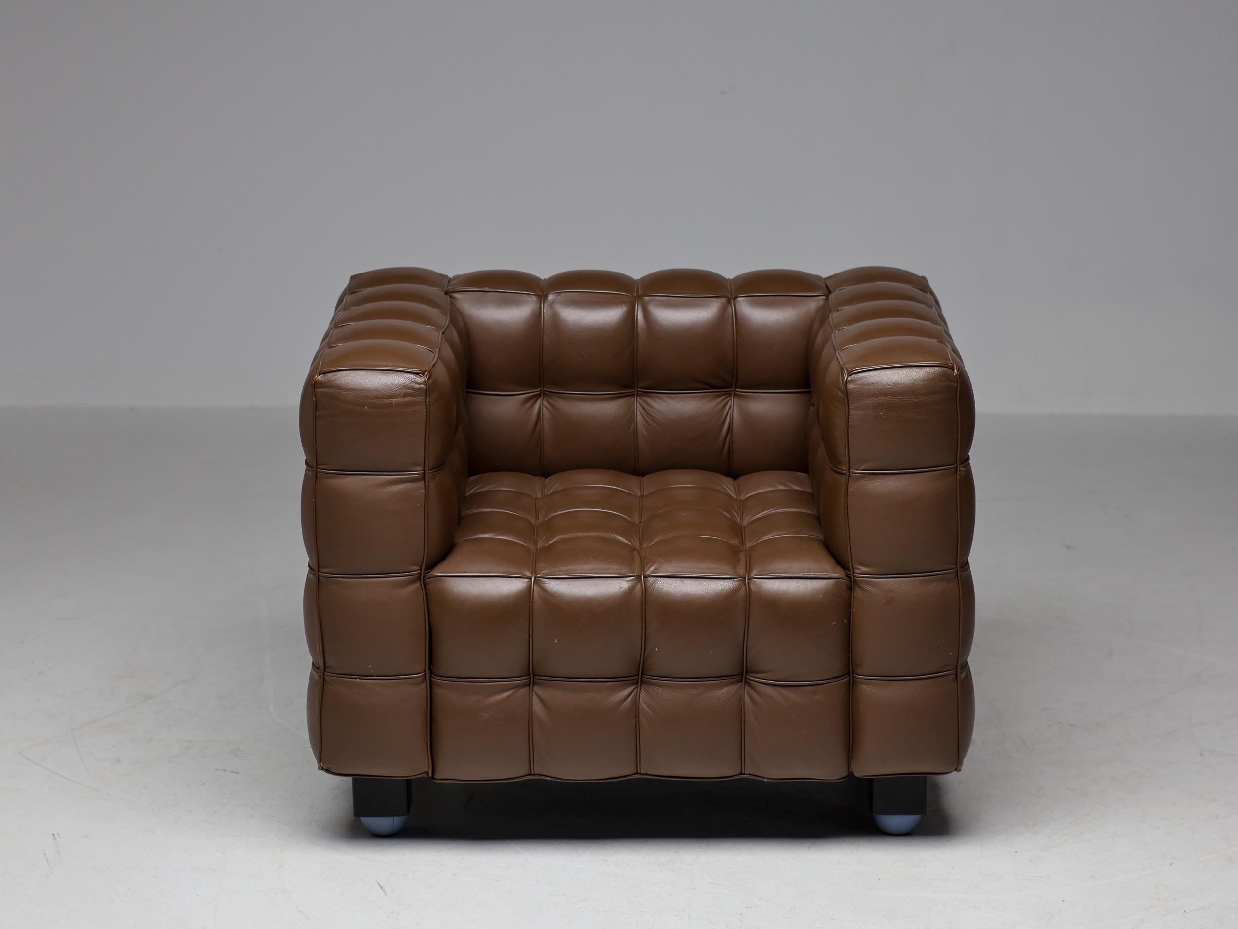 Austrian Brown Leather Kubus Sofa and Matching  Armchair by Josef Hoffman For Sale