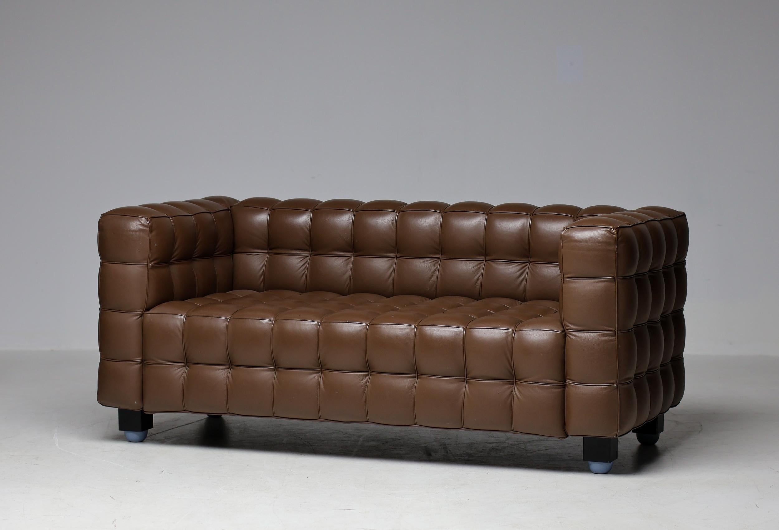 Stained Brown Leather Kubus Sofa and Matching  Armchair by Josef Hoffman For Sale