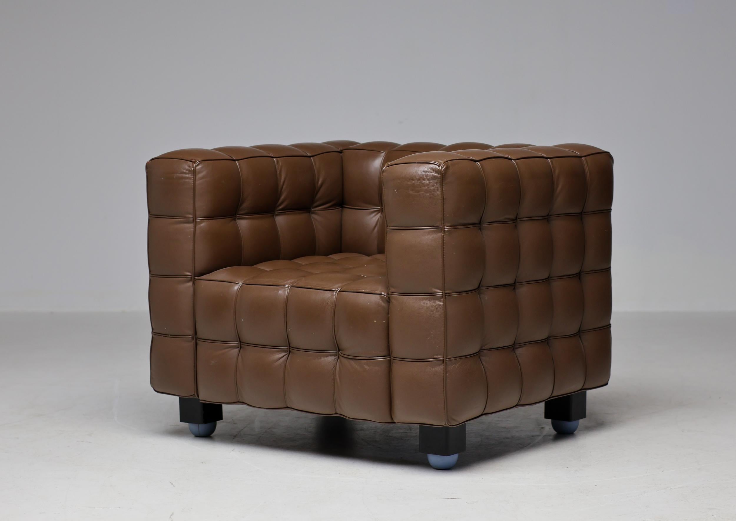 Brown Leather Kubus Sofa and Matching  Armchair by Josef Hoffman In Good Condition For Sale In Dronten, NL