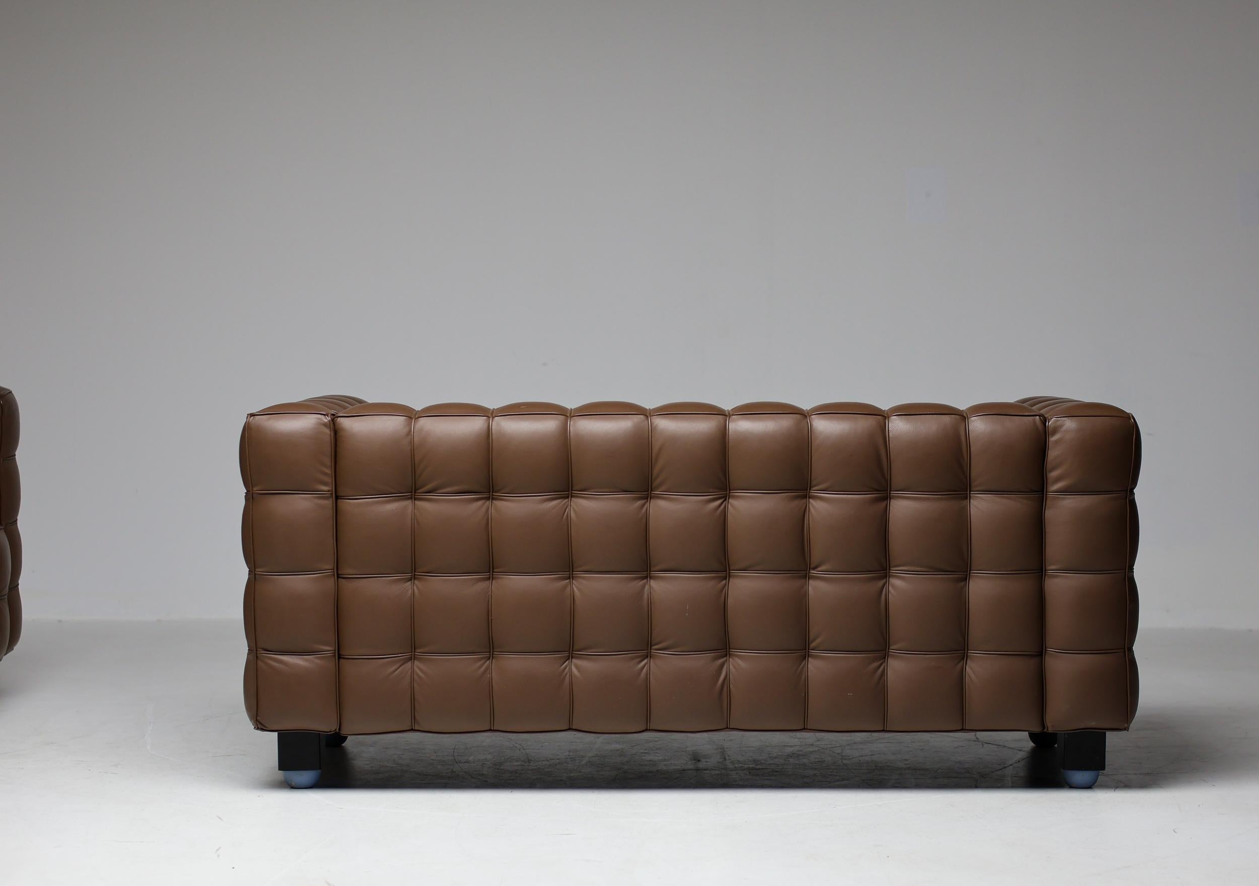 20th Century Brown Leather Kubus Sofa and Matching  Armchair by Josef Hoffman For Sale