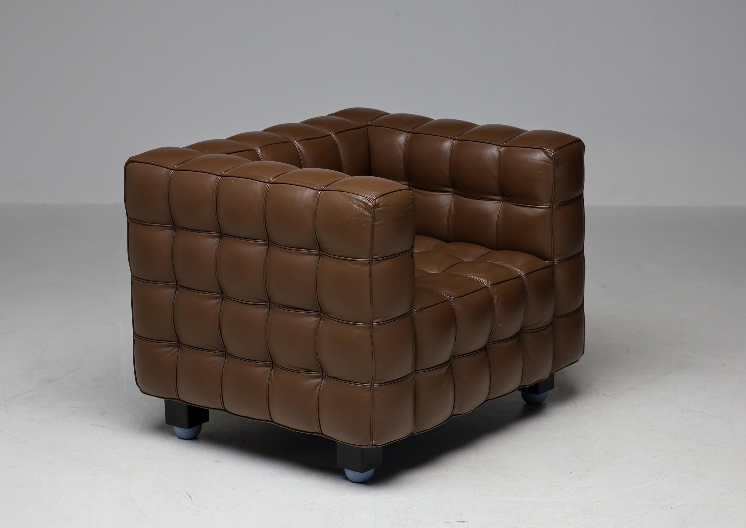 Brown Leather Kubus Sofa and Matching  Armchair by Josef Hoffman For Sale 2
