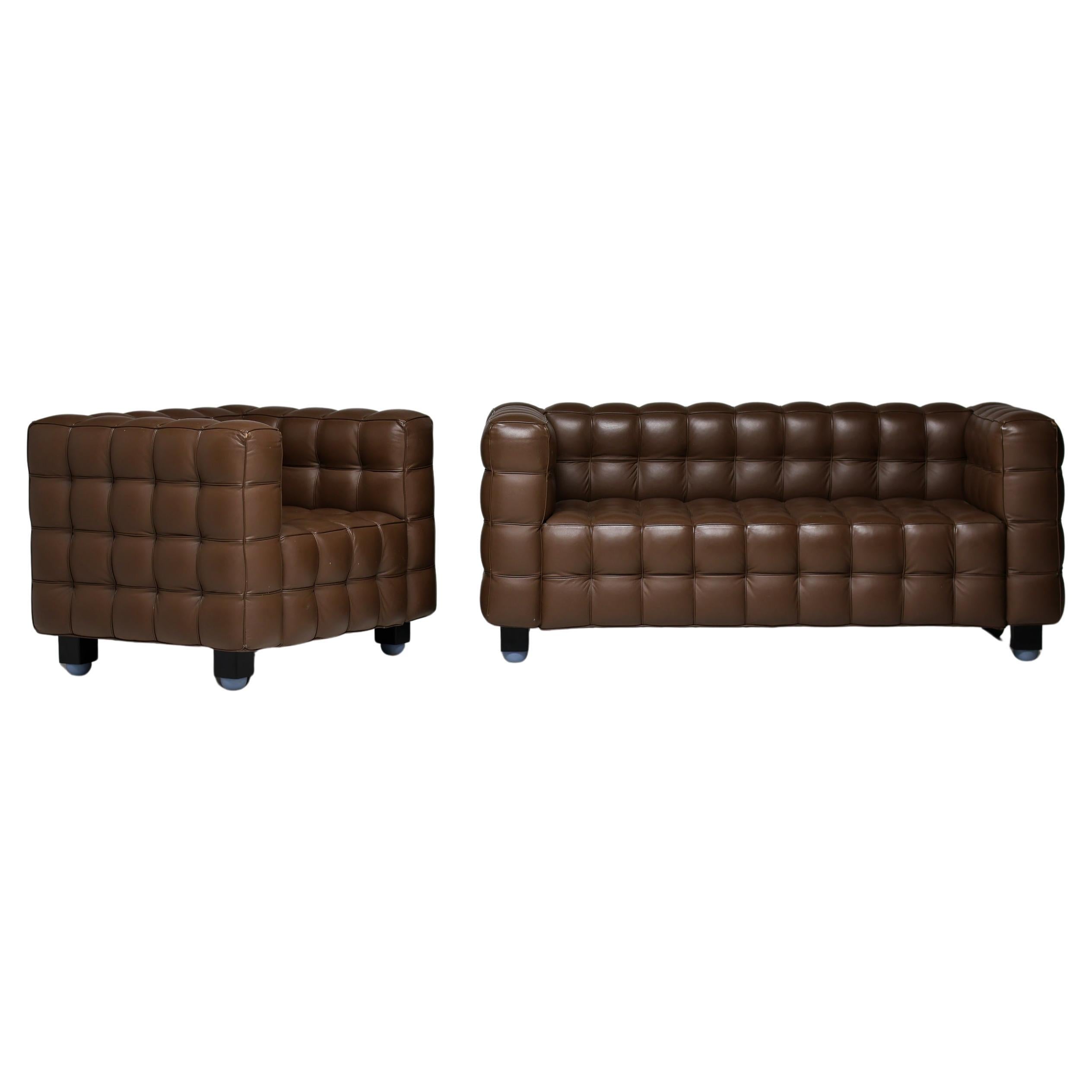 Brown Leather Kubus Sofa and Matching  Armchair by Josef Hoffman For Sale