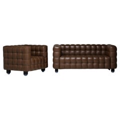 Used Brown Leather Kubus Sofa and Matching  Armchair by Josef Hoffman