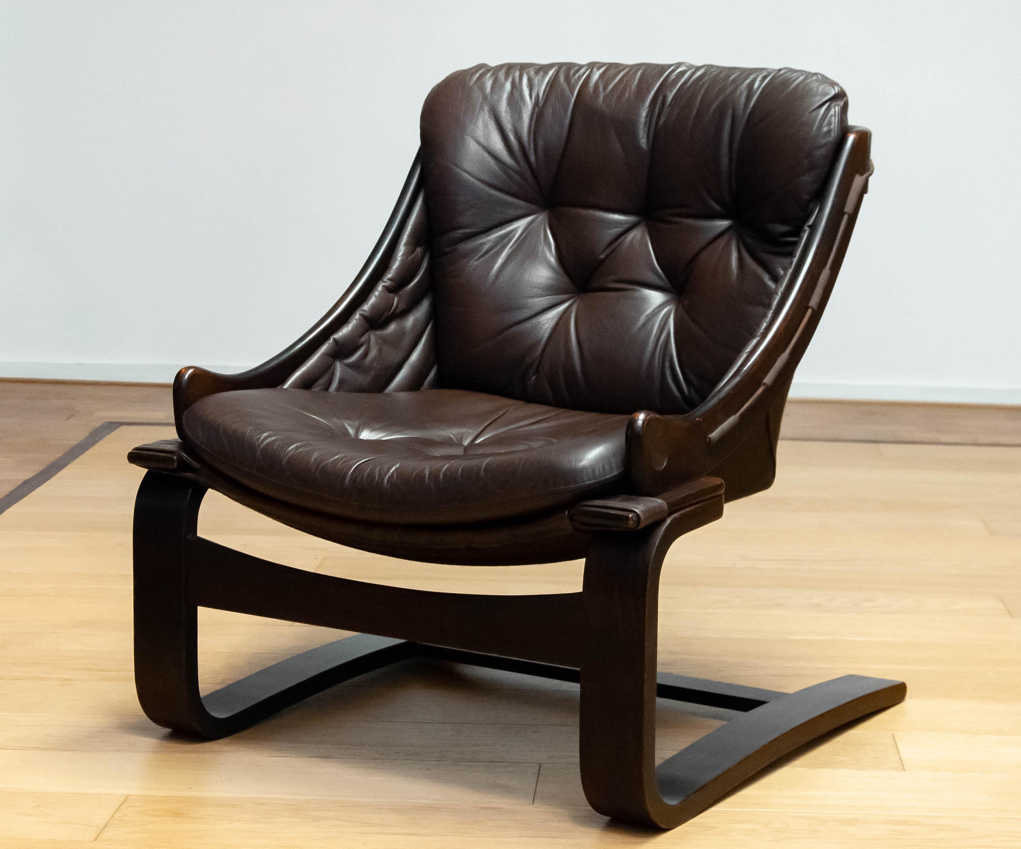 Swedish Brown Leather Lounge Chair Model 'Krona' By Ake Fribytter For Nelo, Sweden For Sale