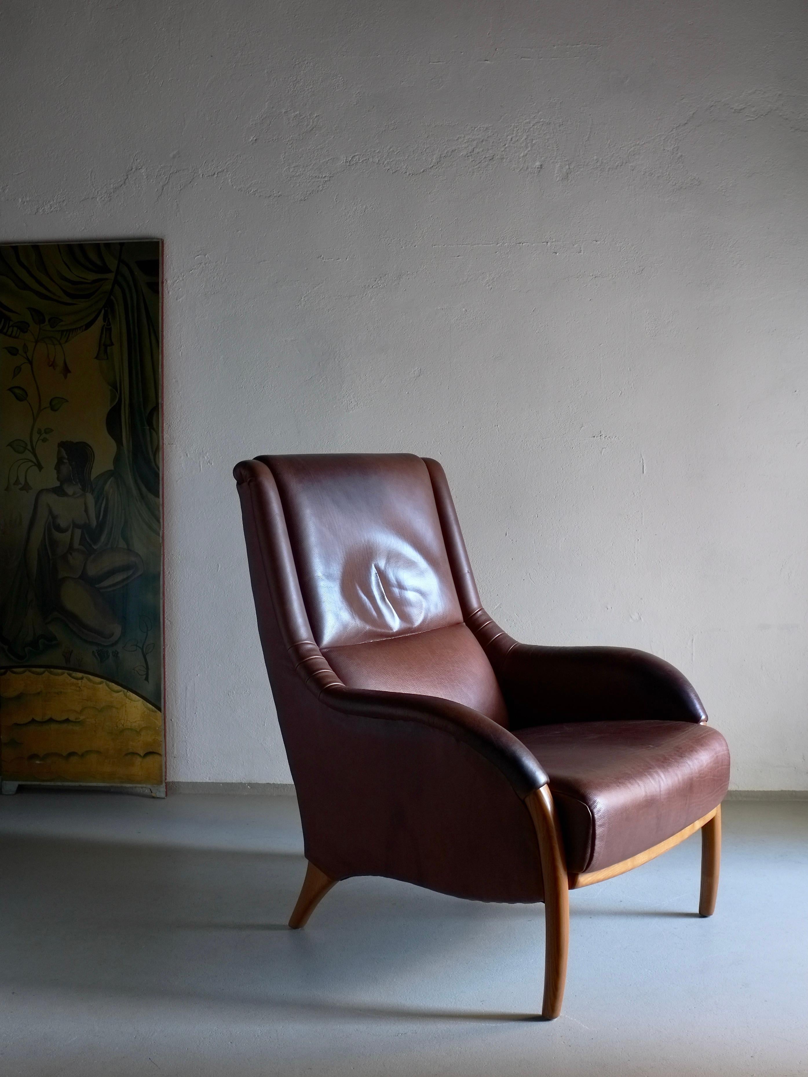 Silla de salón de cuero marrón, Países Bajos, años 80 en venta 5