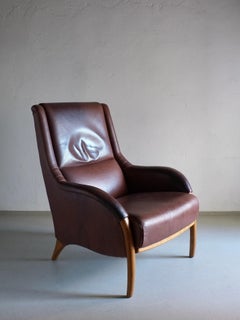 Brown Leather Lounge Chair, Netherlands, 1980s