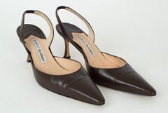 Brown Leather Manolo Blahnik Carolyne Slingback 80 mm Pump, IT 38.5 (US 8 - 8.5)