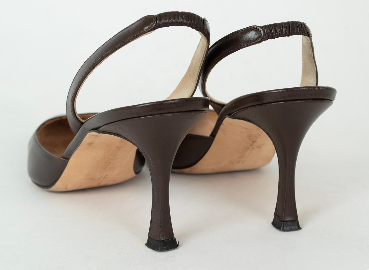 Braunes Leder Manolo Blahnik Carolyne Slingback 70 mm Pump, IT 38.5 (US 8 - 8.5) Damen im Angebot