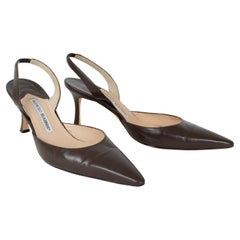 Brown Leather Manolo Blahnik Carolyne Slingback 70 mm Pump, IT 38.5 (US 8 - 8.5)