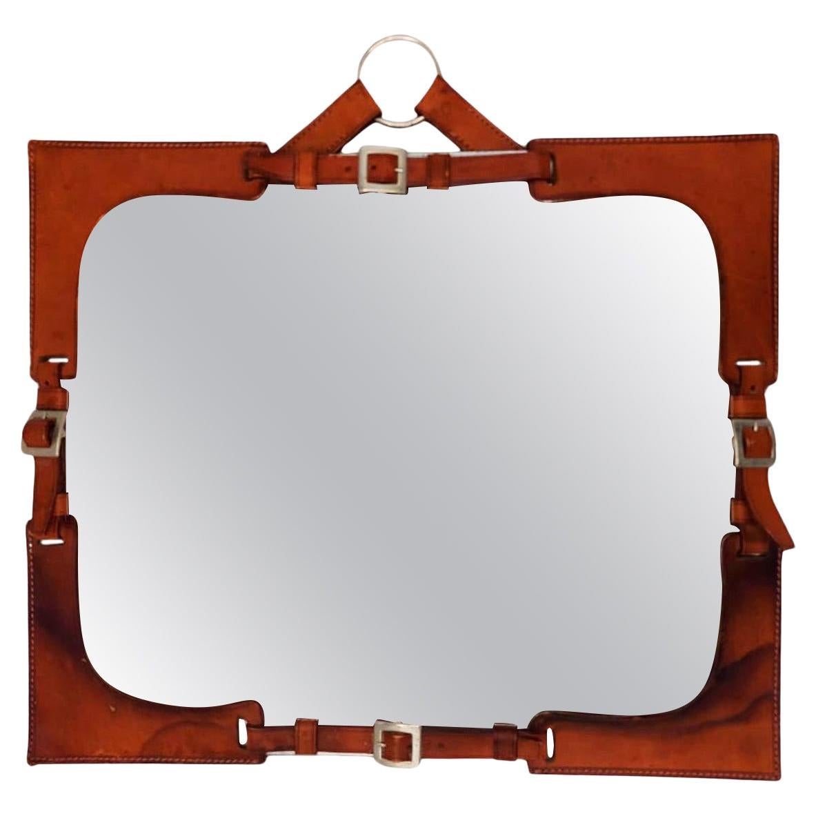 Brown leather mirror in the style of Hermes Paris, 20th Century For Sale