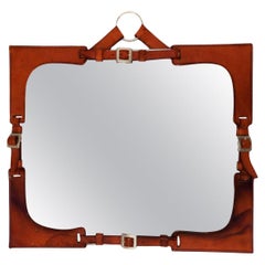 Brown leather mirror in the style of Hermes Paris, 20th Century