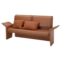 Brown Leather Modern Panama Two Seat Sofa