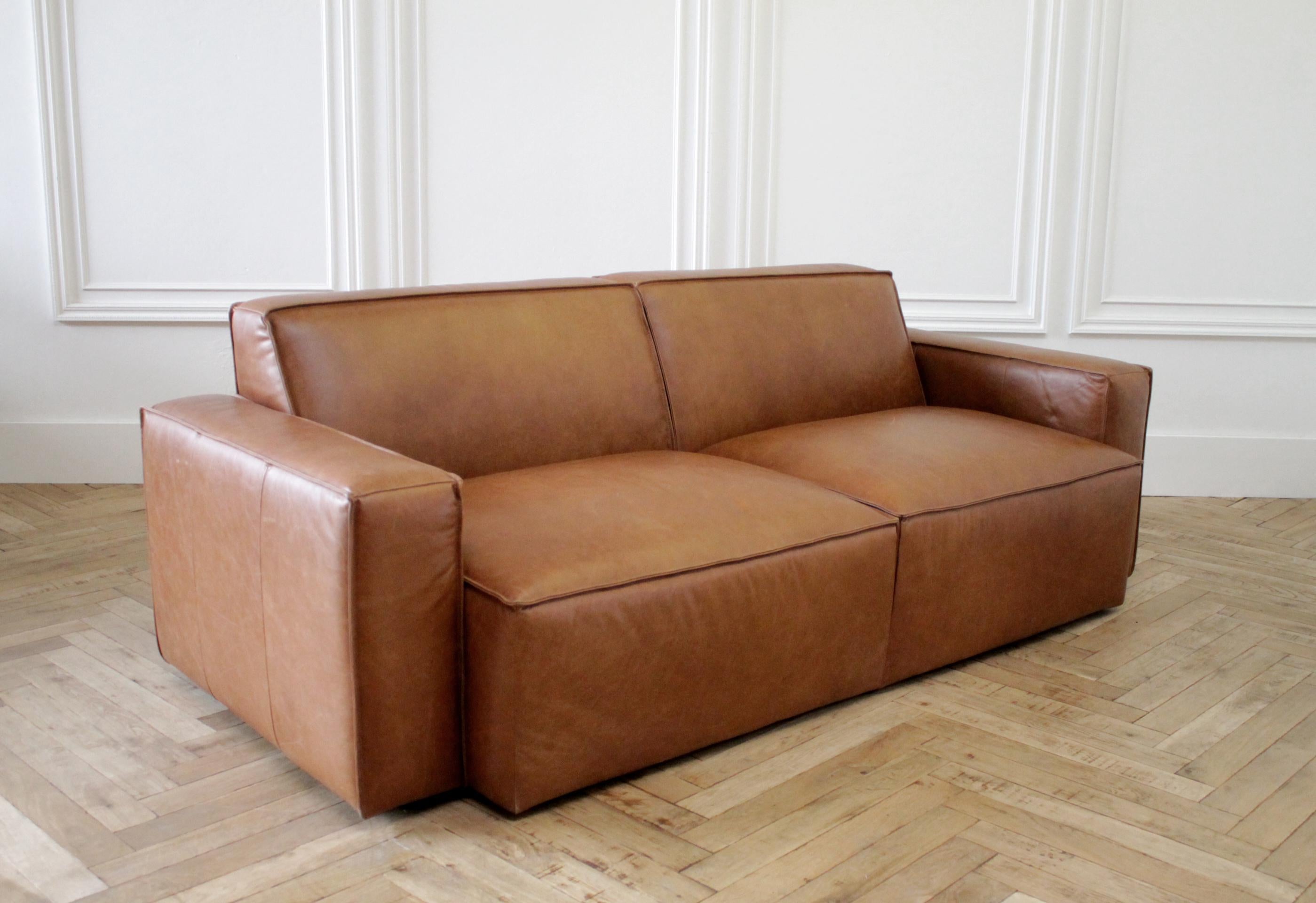 American Brown Leather Modern Square Sofa 2 Available
