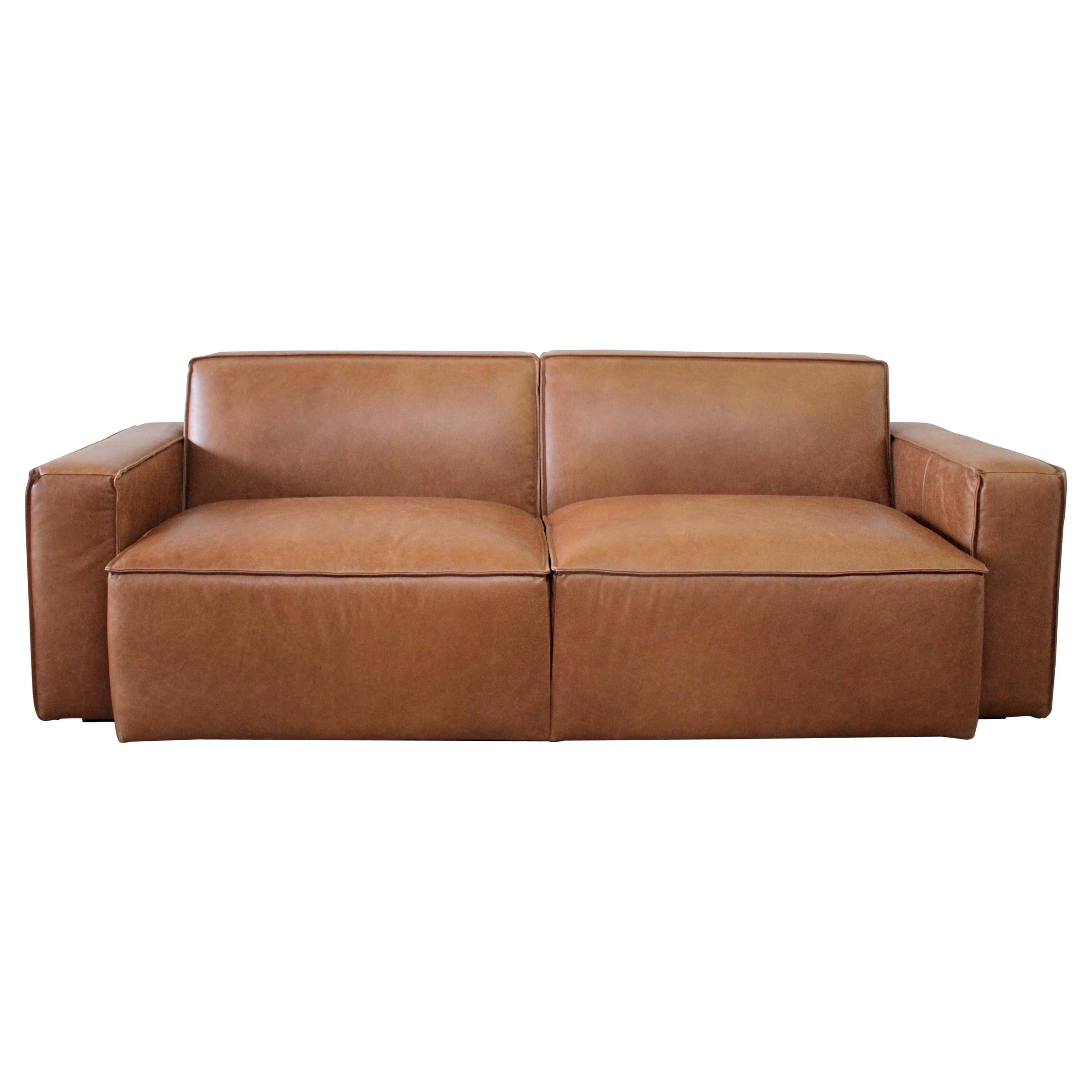 Brown Leather Modern Square Sofa 2 Available