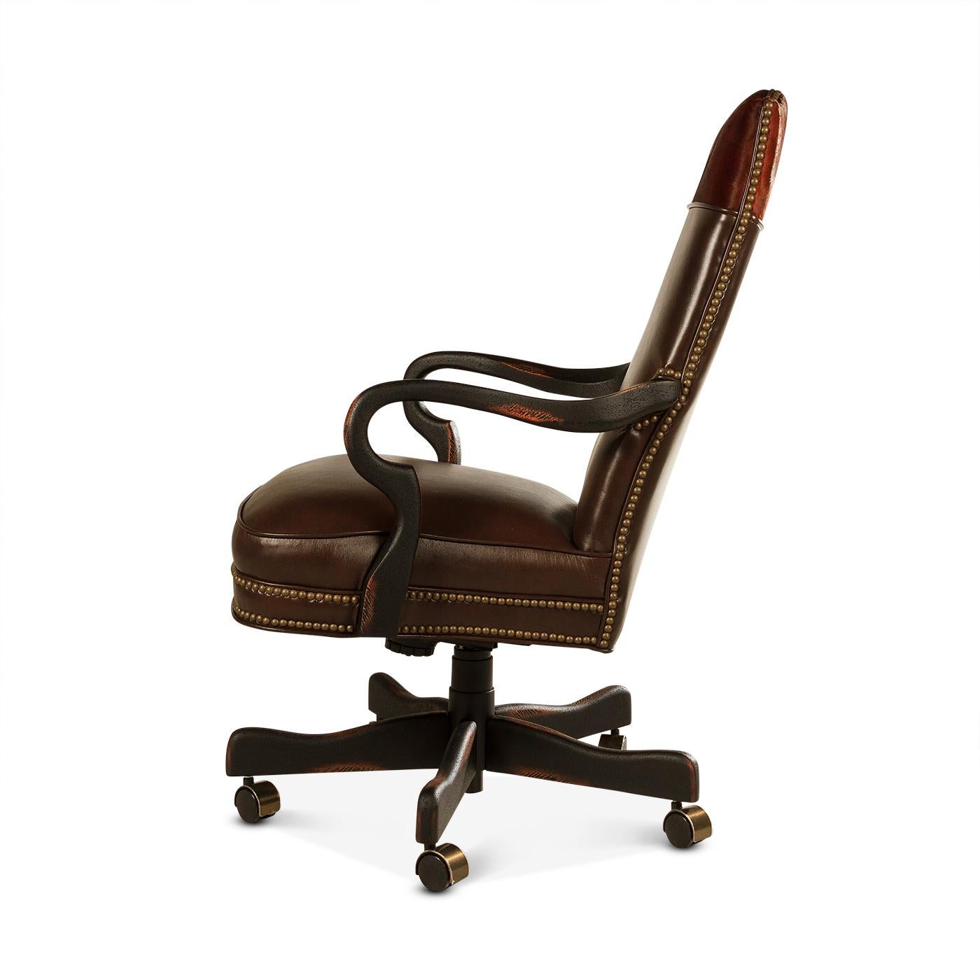 This one-of-a-kind Brown leather office chair is made with top grain high-quality leathers with an exotic hair on hyde and chocolate brown. The high back office chair has natural brass nailhead details and the shepherd's crook arm is finished in our