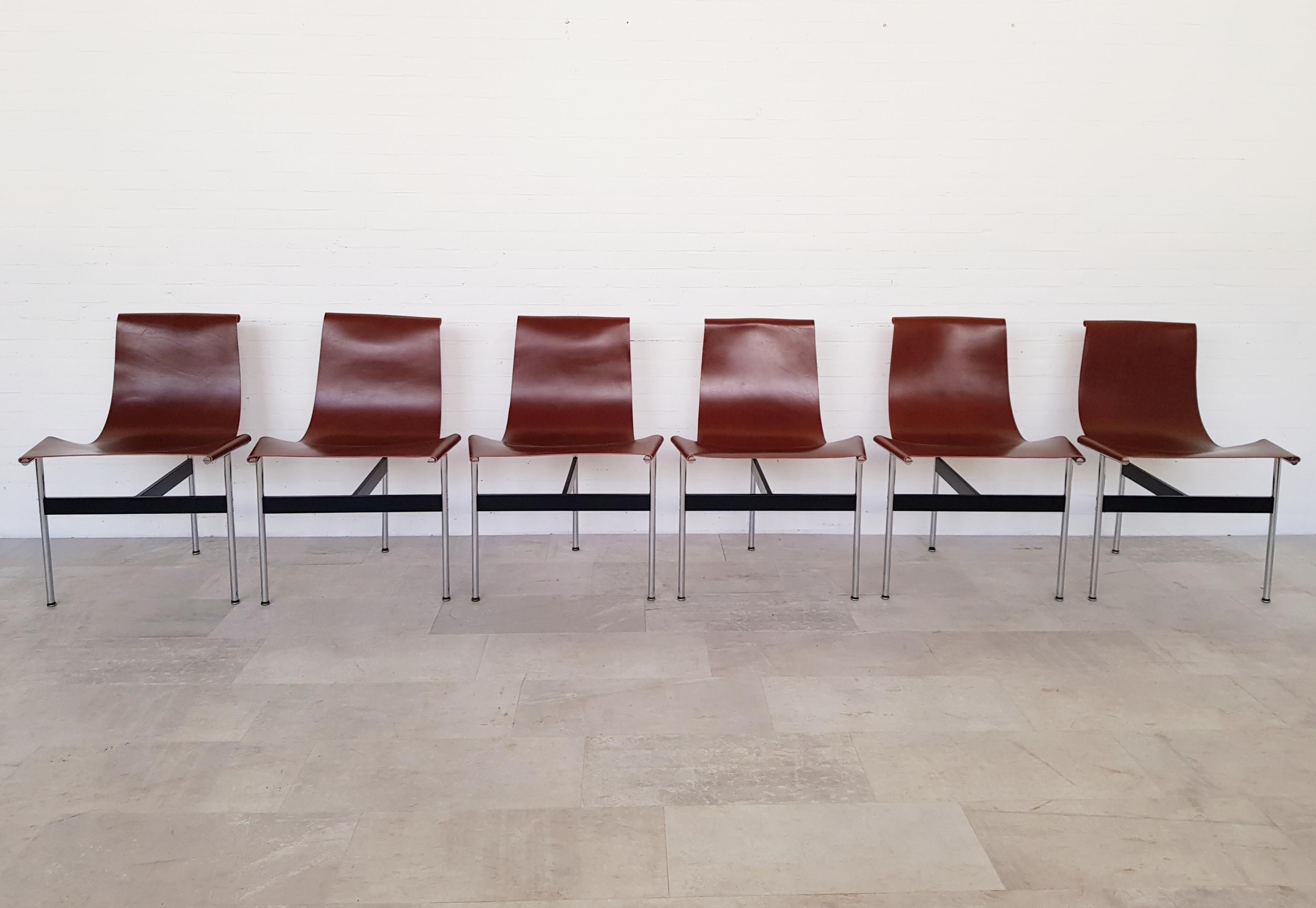 Post-Modern Brown leather original T-Chairs by Katavolos, Kelly, Littell for Laverne, 1967