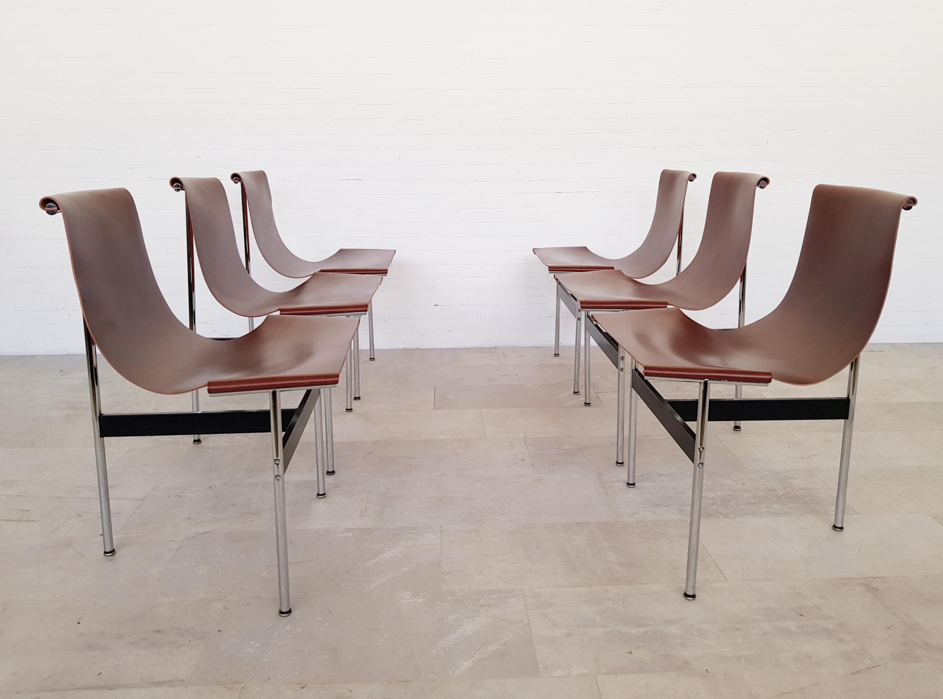 Brown leather original T-Chairs by Katavolos, Kelly, Littell for Laverne, 1967 In Excellent Condition In Antwerp, BE