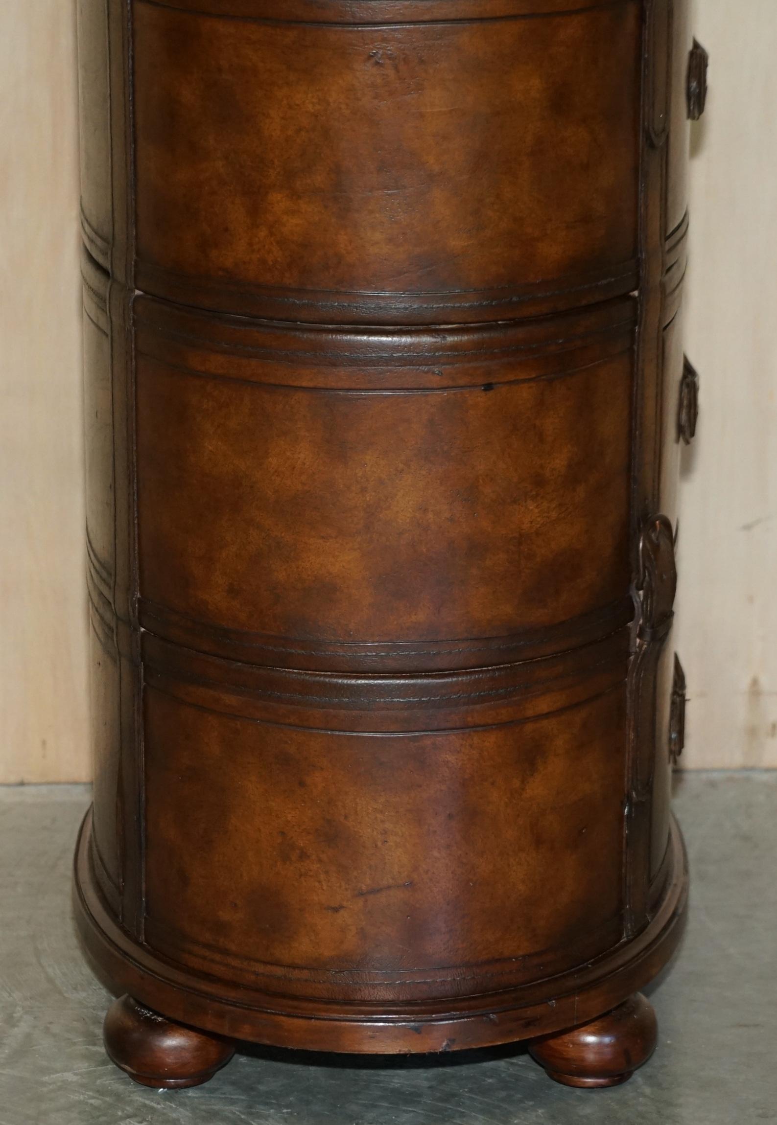 Brown Leather Oval Tallboy Chest of Drawers with Luggage Style Straps or Belts 3