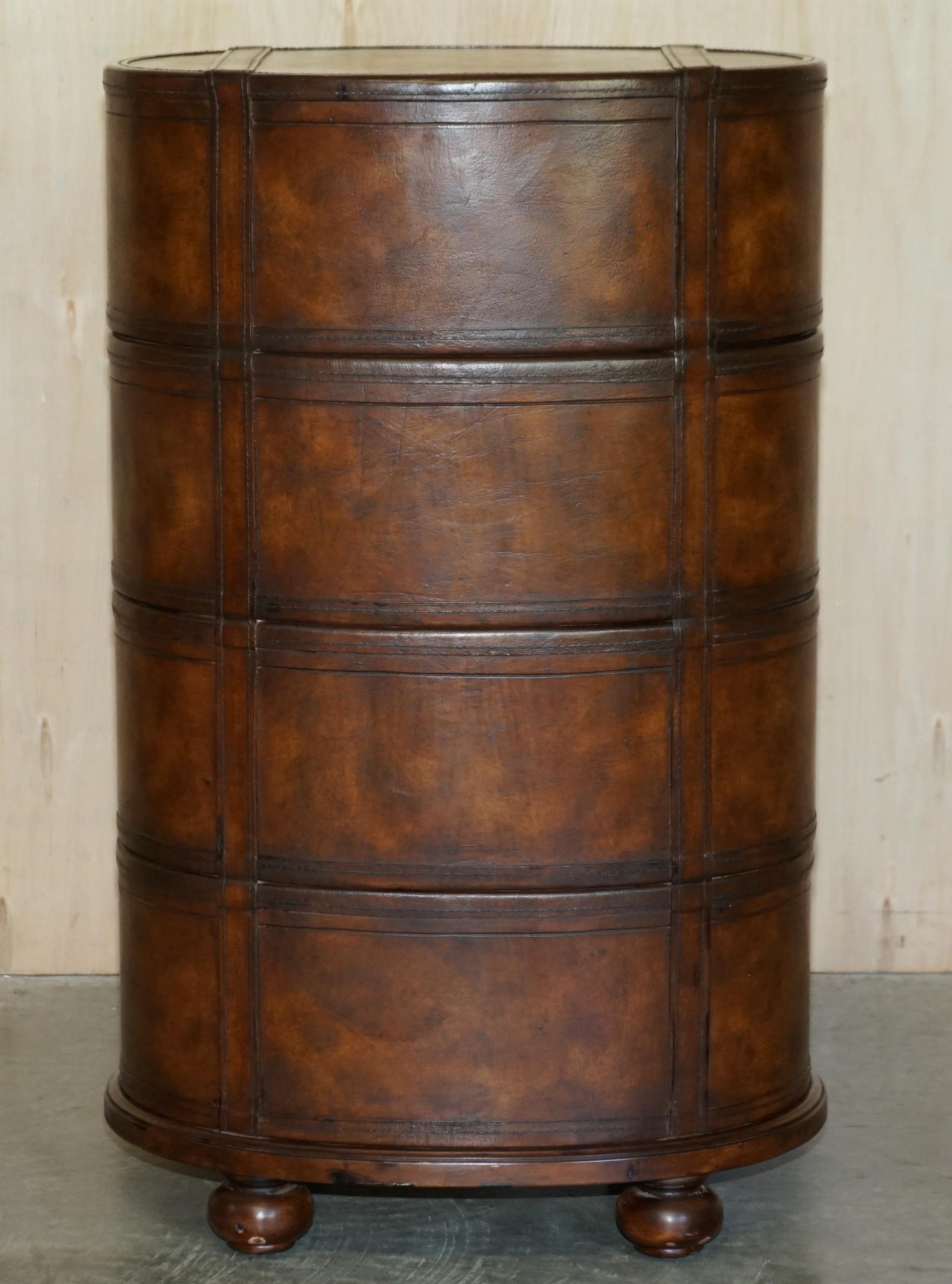 Brown Leather Oval Tallboy Chest of Drawers with Luggage Style Straps or Belts 4