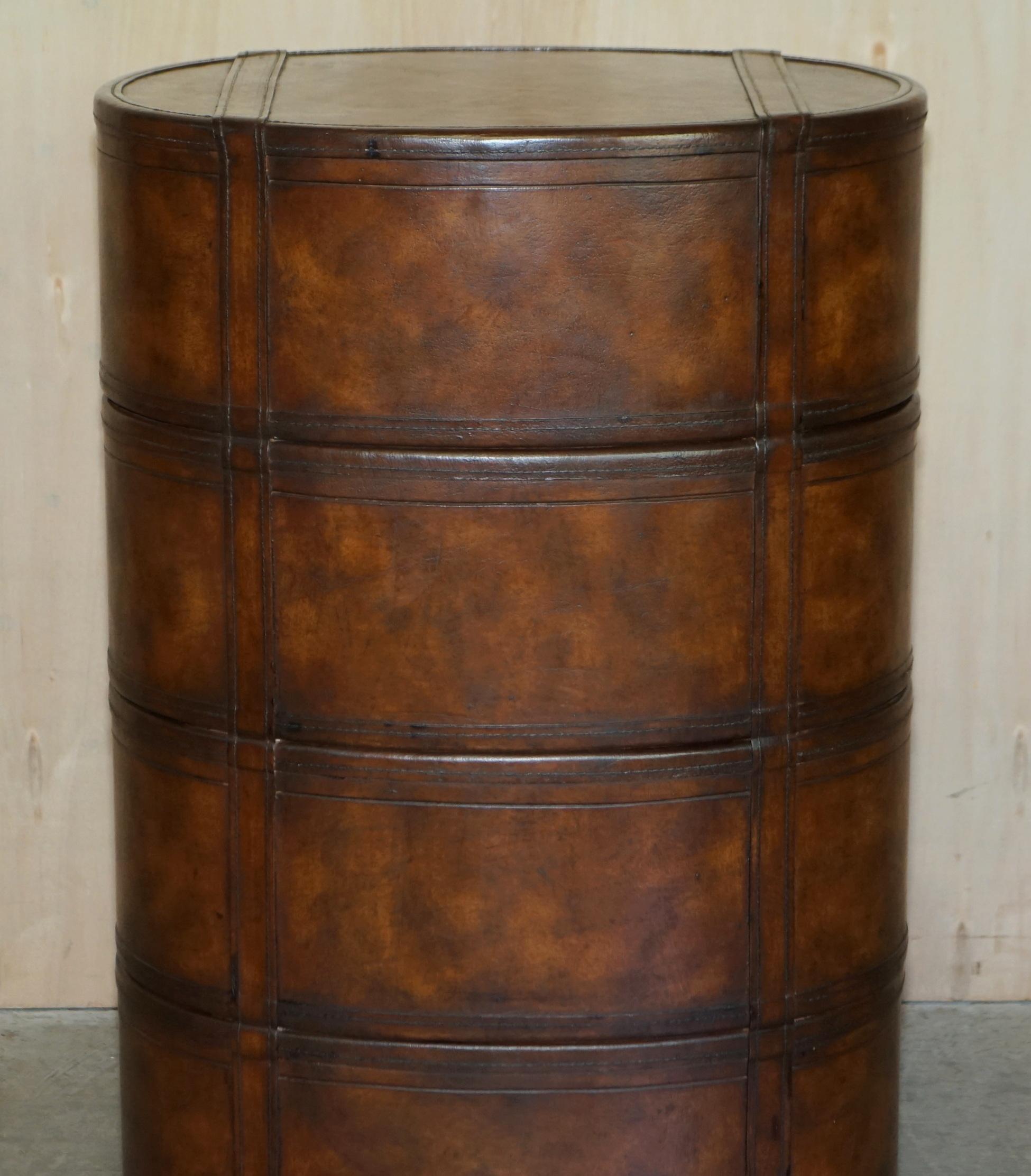 Brown Leather Oval Tallboy Chest of Drawers with Luggage Style Straps or Belts 4
