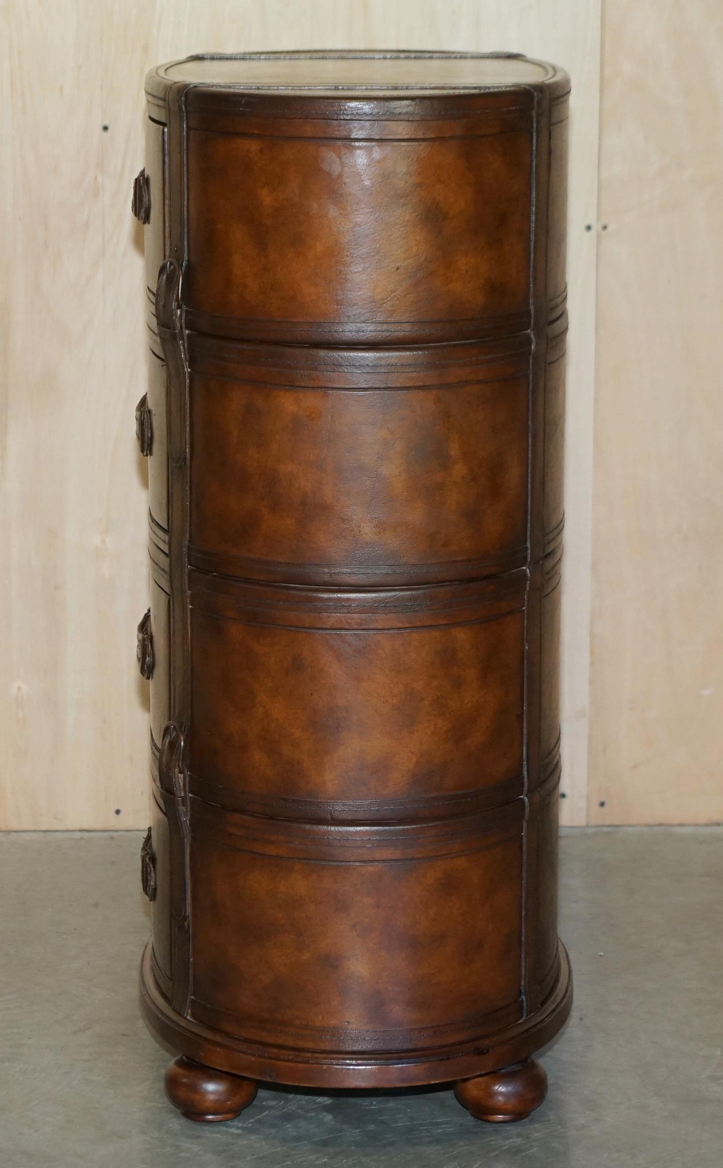 Brown Leather Oval Tallboy Chest of Drawers with Luggage Style Straps or Belts 6