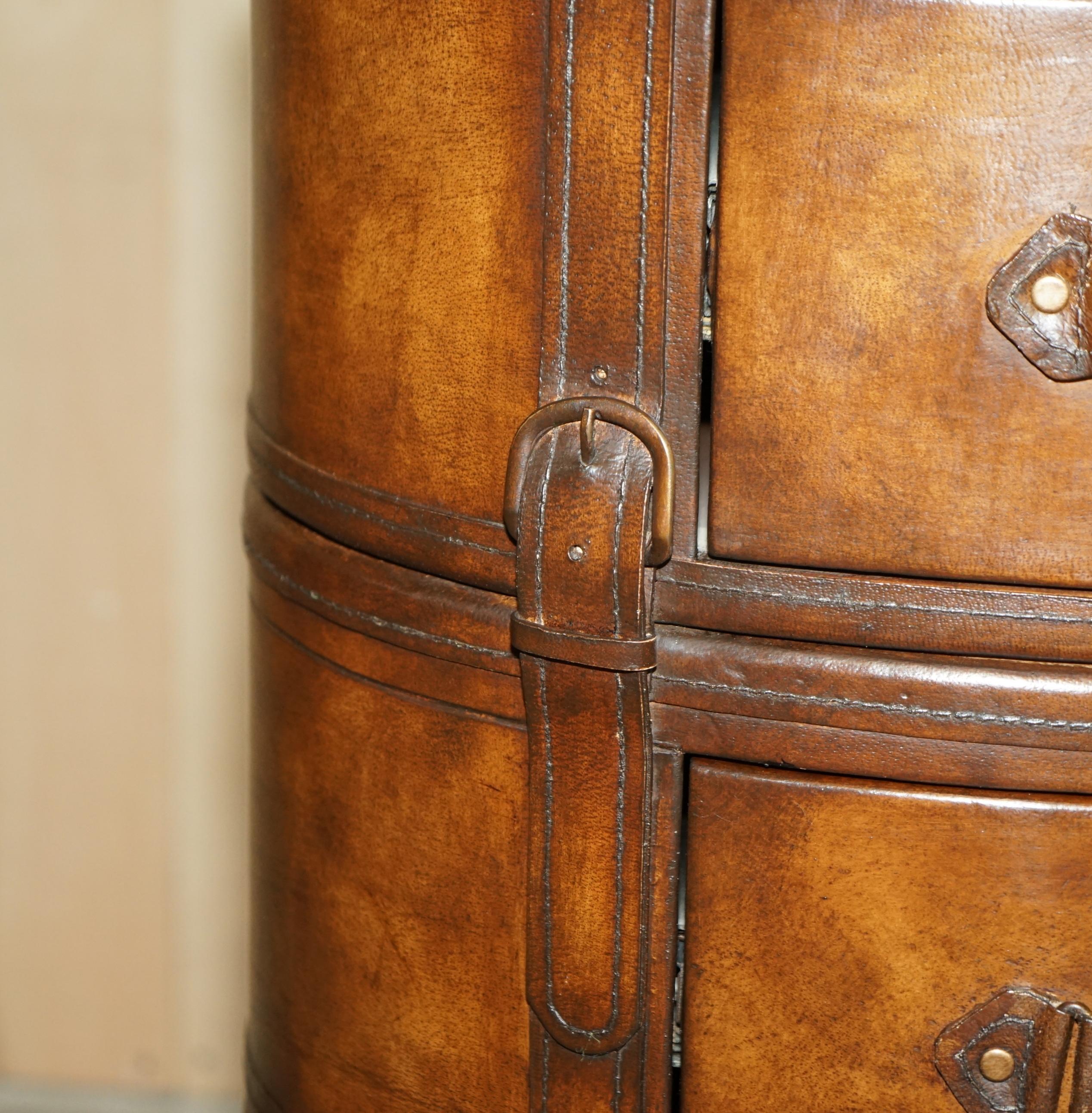 Brown Leather Oval Tallboy Chest of Drawers with Luggage Style Straps or Belts 7