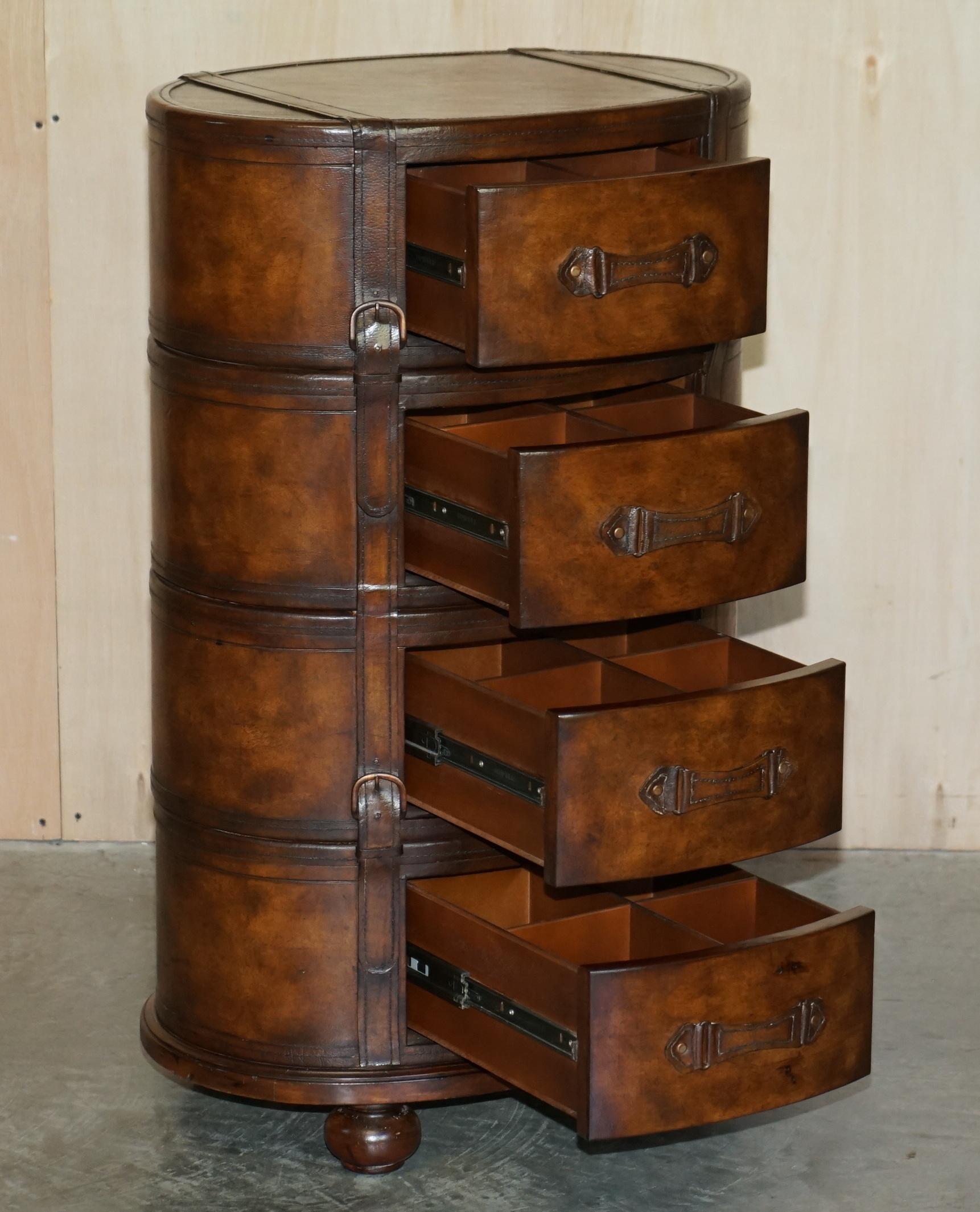 Brown Leather Oval Tallboy Chest of Drawers with Luggage Style Straps or Belts 9