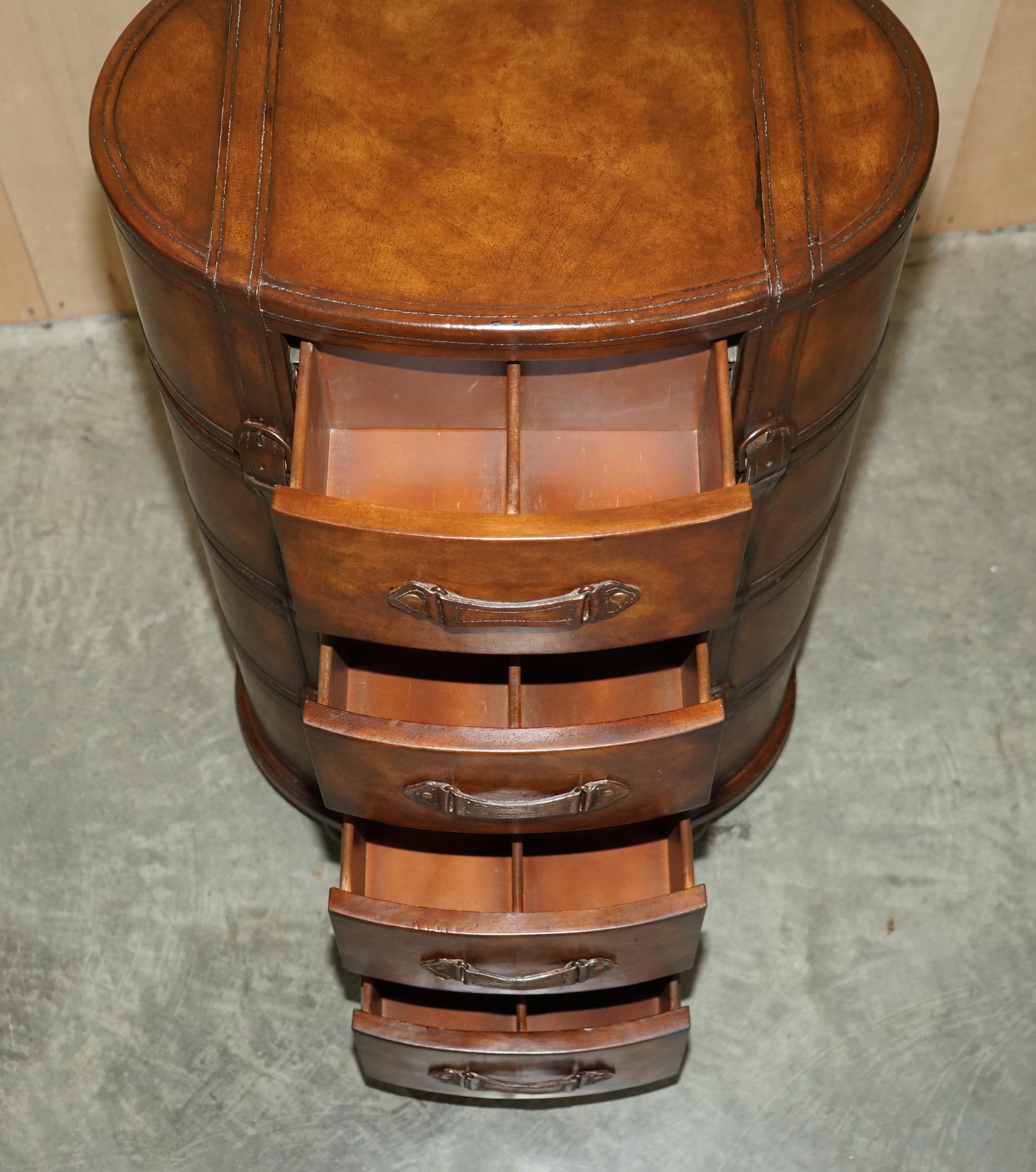 Brown Leather Oval Tallboy Chest of Drawers with Luggage Style Straps or Belts 10