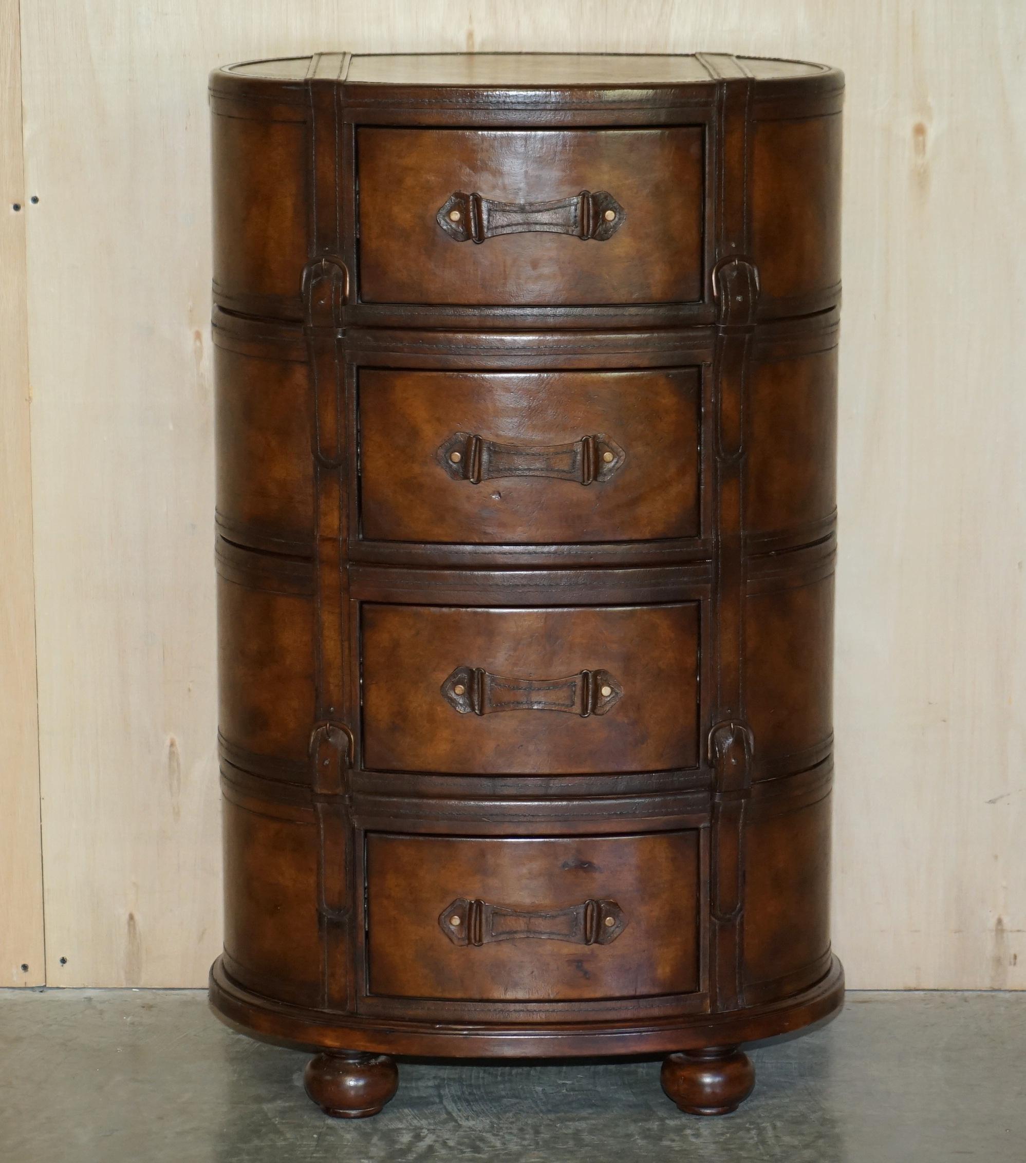 We are delighted to offer for sale this lovely brown leather Luggage tallboy chest of drawers.

This is a very good looking and well-made chest of drawers, upholstered with thick leather all over which has been hand dyed this rich deep brown. The