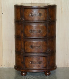 Brown Leather Oval Tallboy Chest of Drawers with Luggage Style Straps or Belts