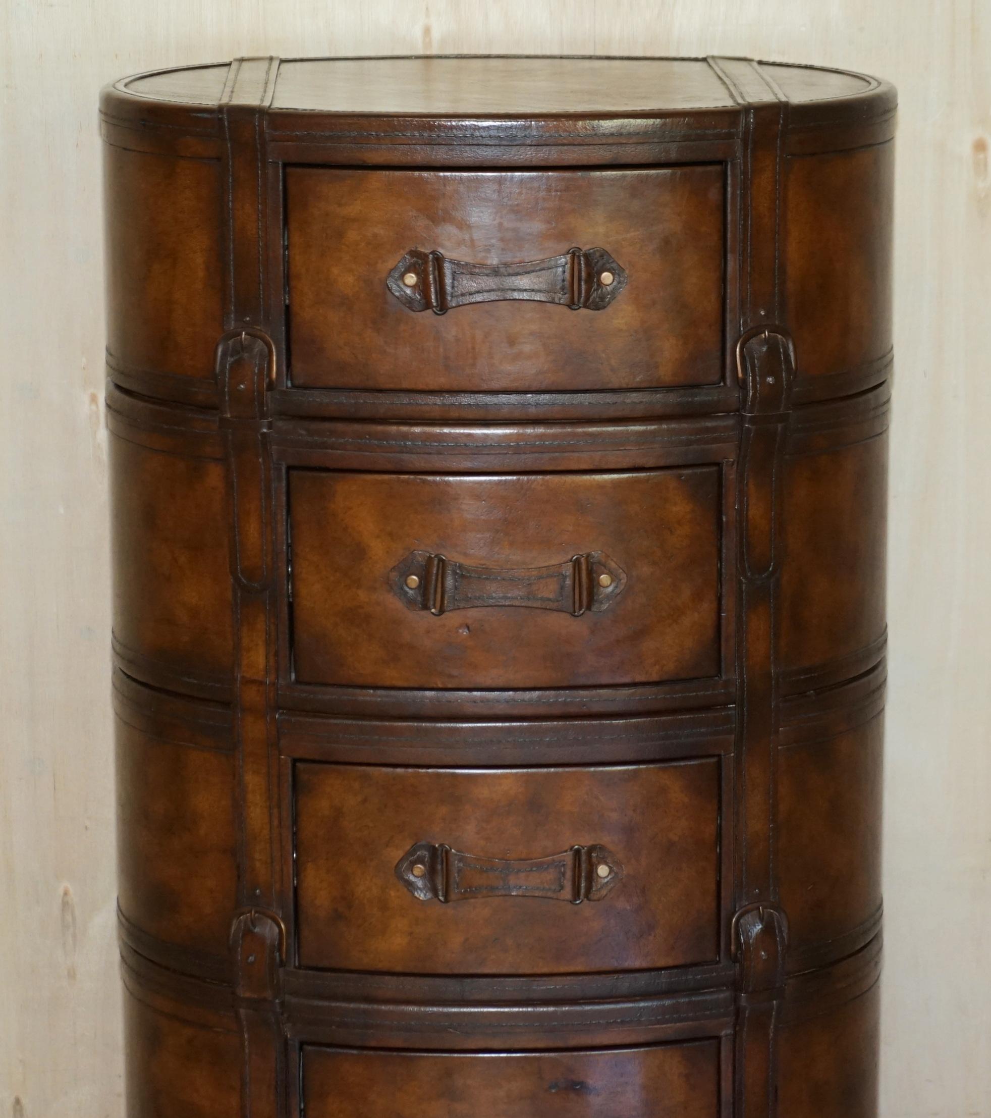 Art Deco Brown Leather Oval Tallboy Chest of Drawers with Luggage Style Straps or Belts