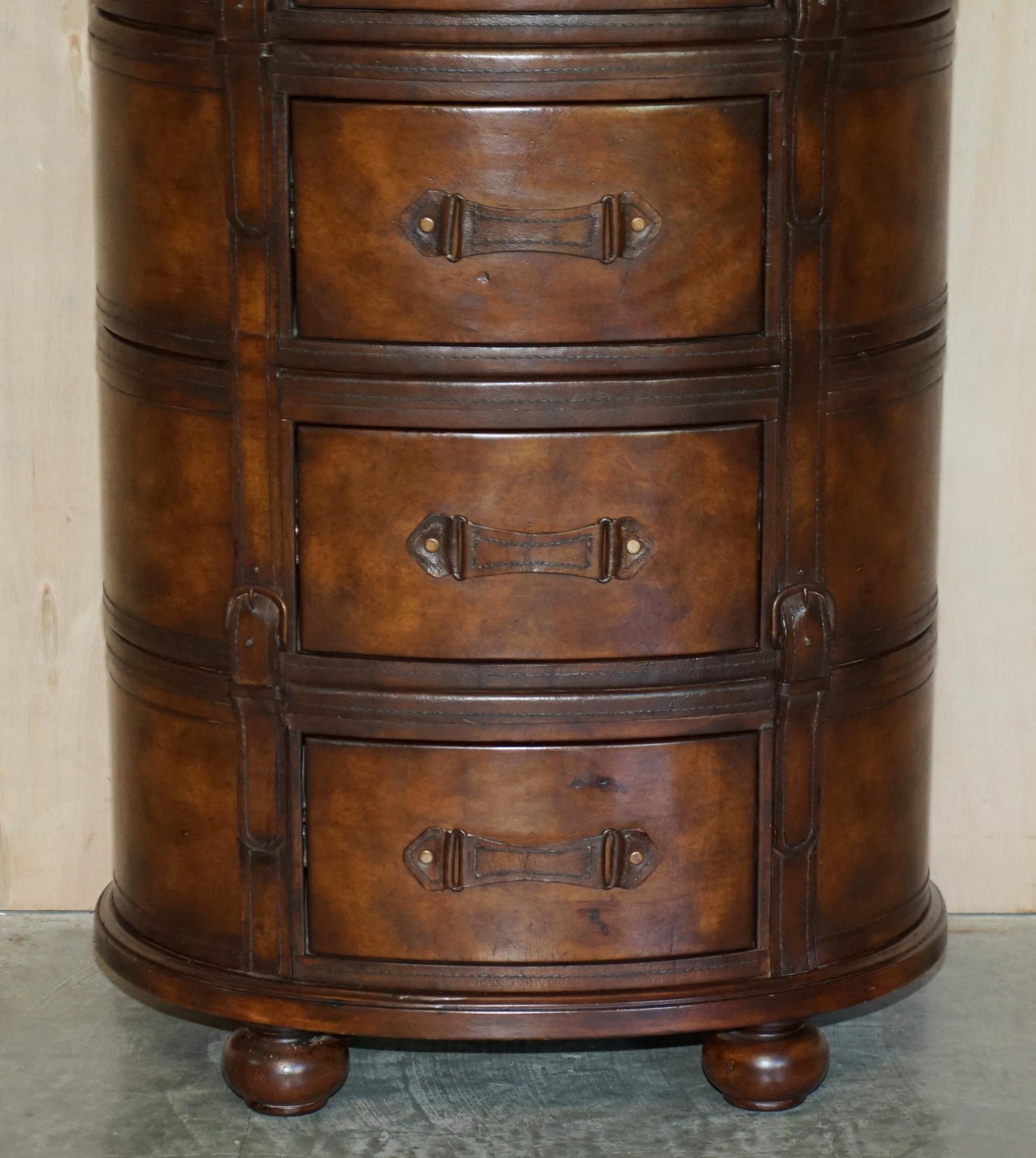 English Brown Leather Oval Tallboy Chest of Drawers with Luggage Style Straps or Belts