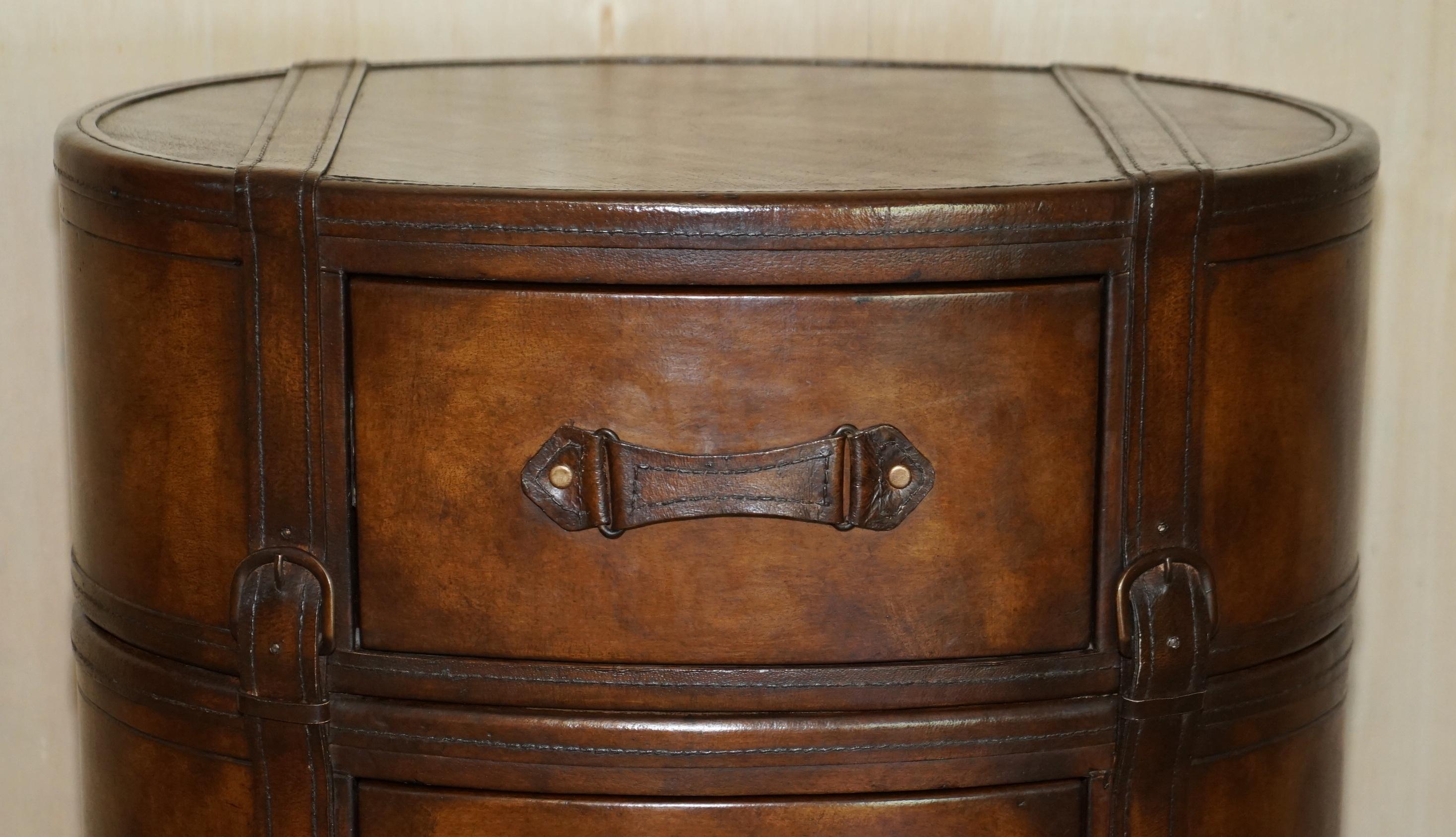 Hand-Crafted Brown Leather Oval Tallboy Chest of Drawers with Luggage Style Straps or Belts