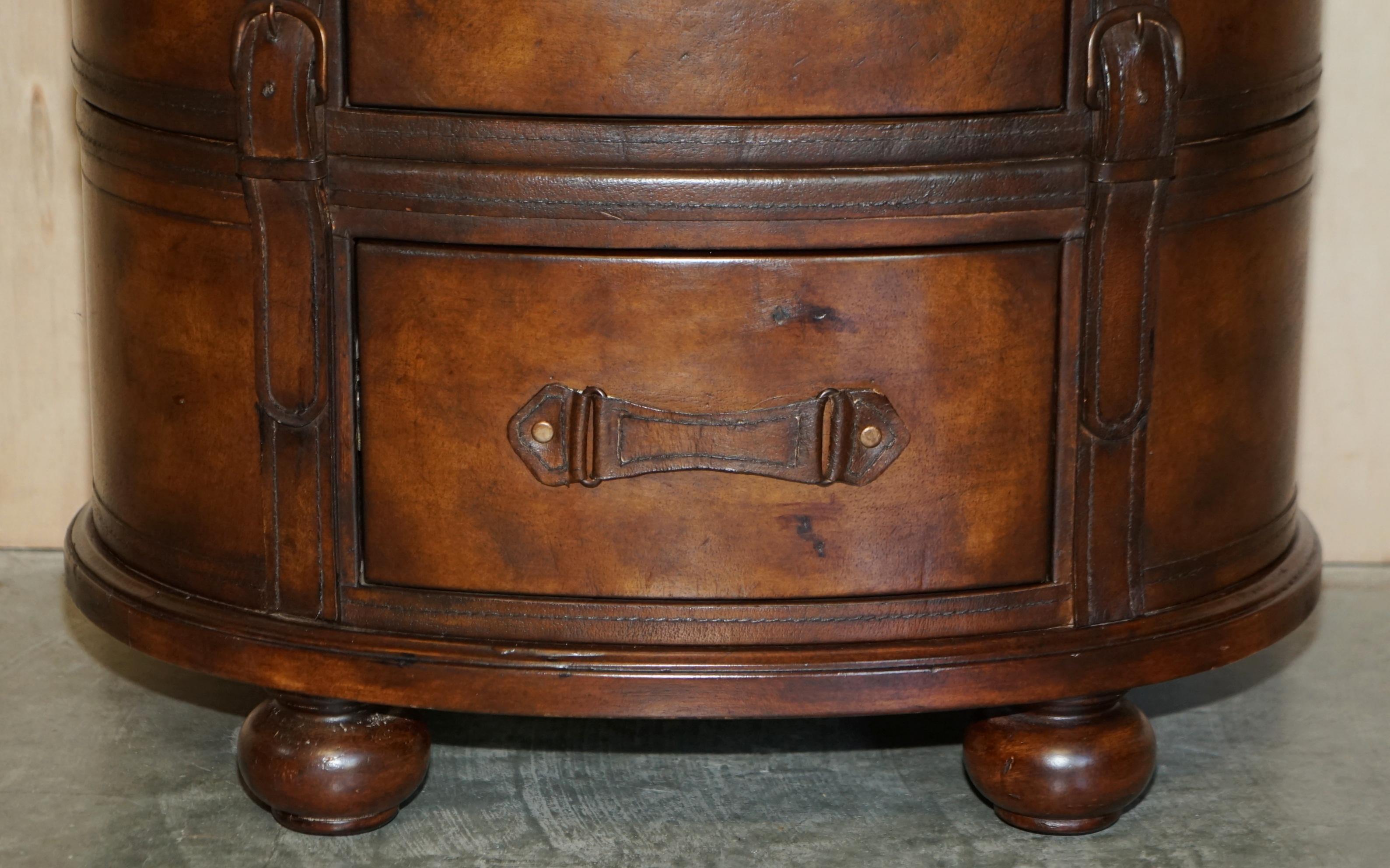 20th Century Brown Leather Oval Tallboy Chest of Drawers with Luggage Style Straps or Belts