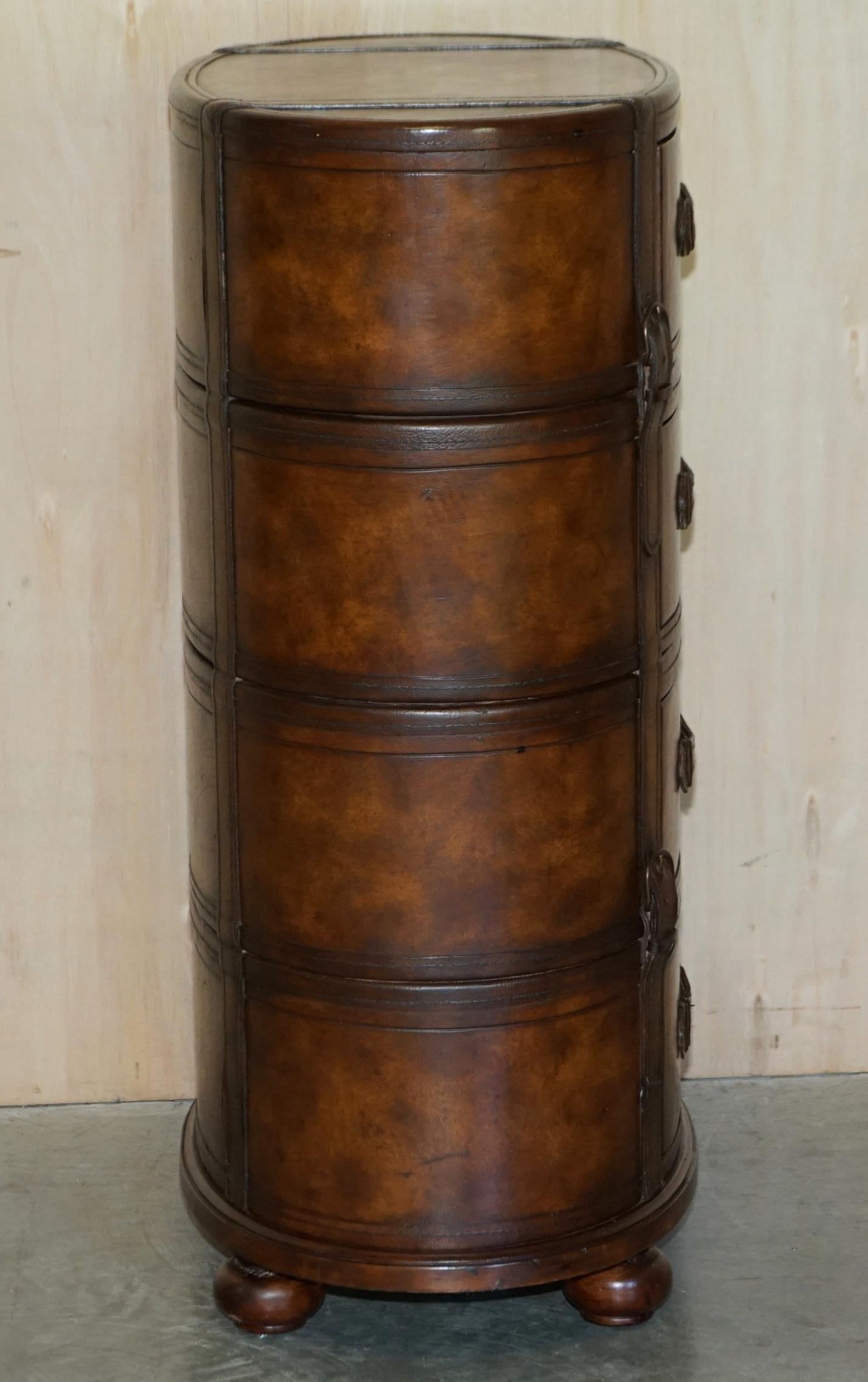 20th Century Brown Leather Oval Tallboy Chest of Drawers with Luggage Style Straps or Belts