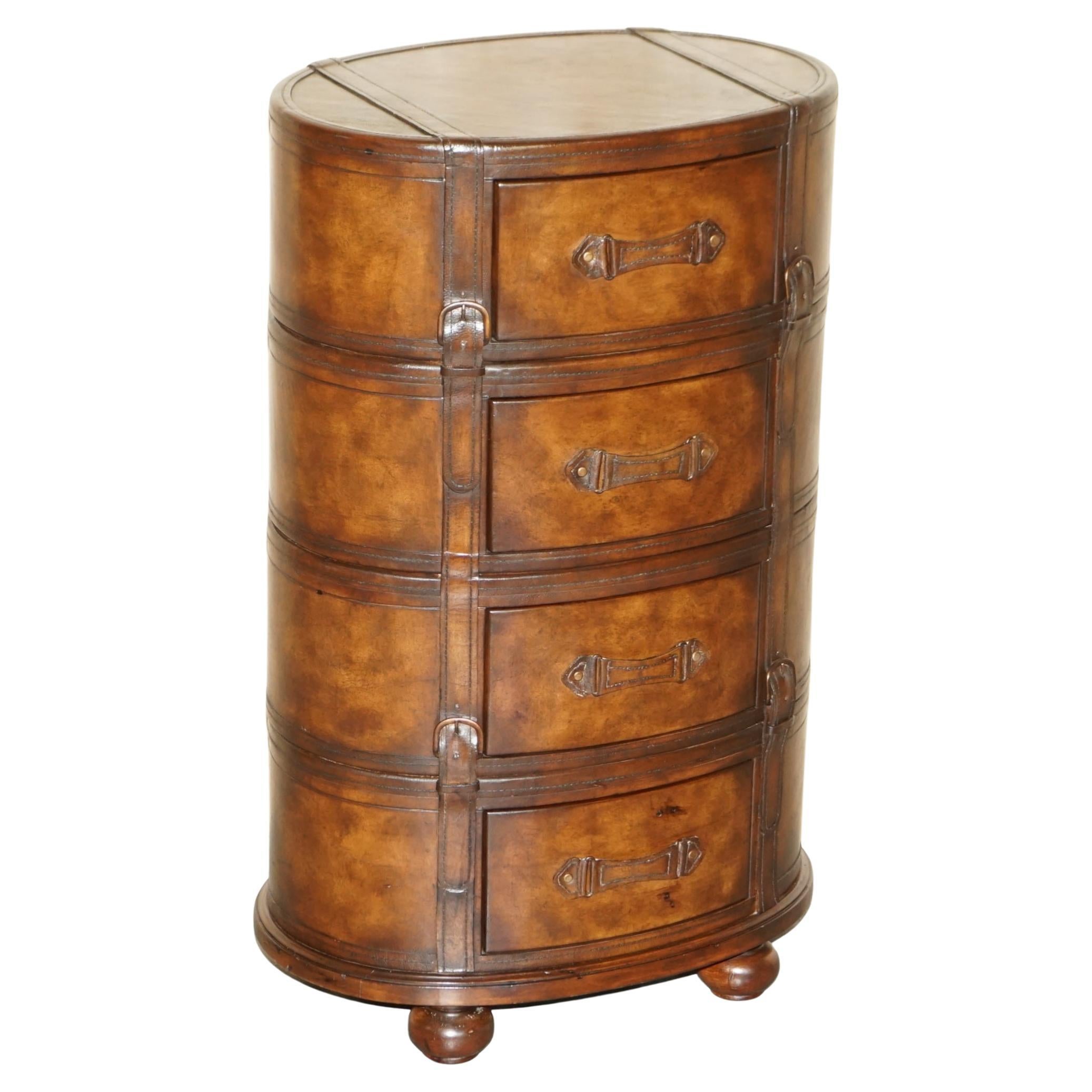 Brown Leather Oval Tallboy Chest of Drawers with Luggage Style Straps or Belts